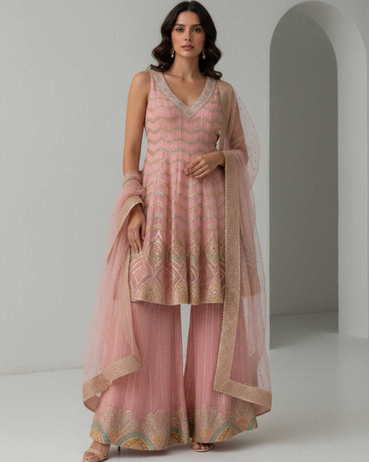 Blush Pink Sharara Set with Embroidered Kurta & Net Dupatta