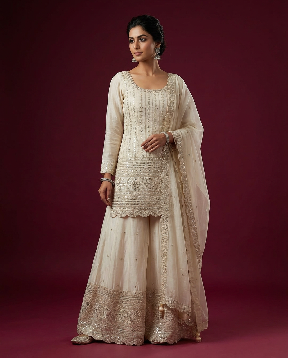 Ivory Embroidered Sharara Set