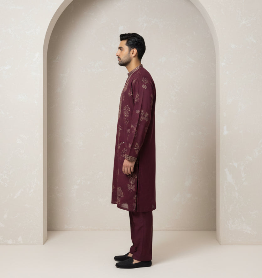 Maroon Embroidered Kurta Set