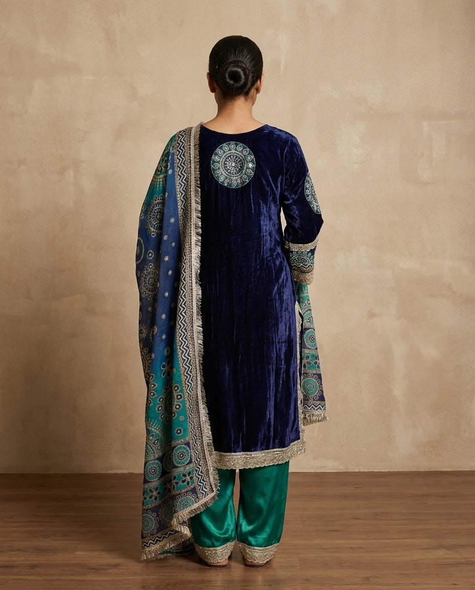 Navy and Emerald velvet palazzo suit