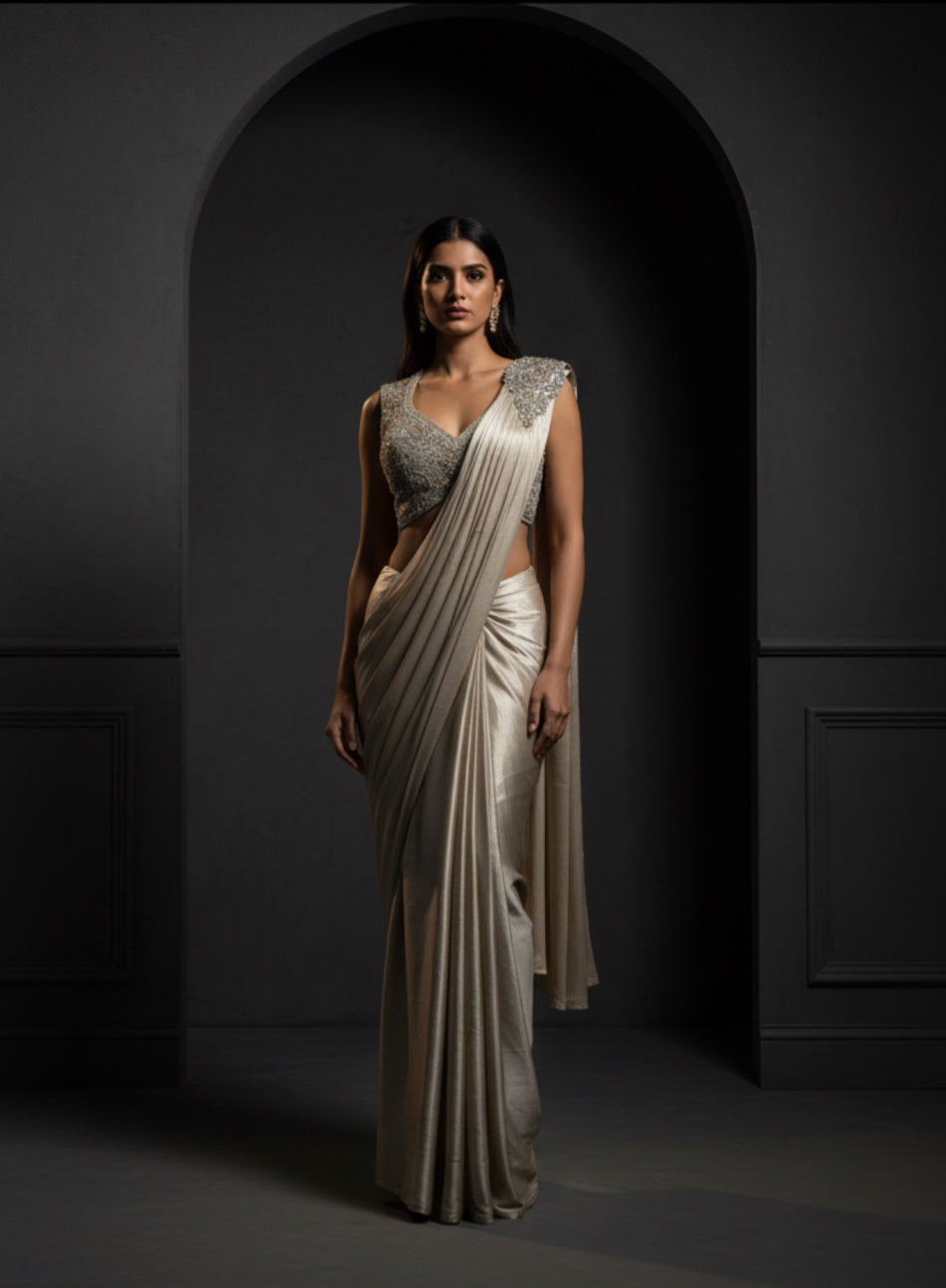 Champagne Satin Drape Saree