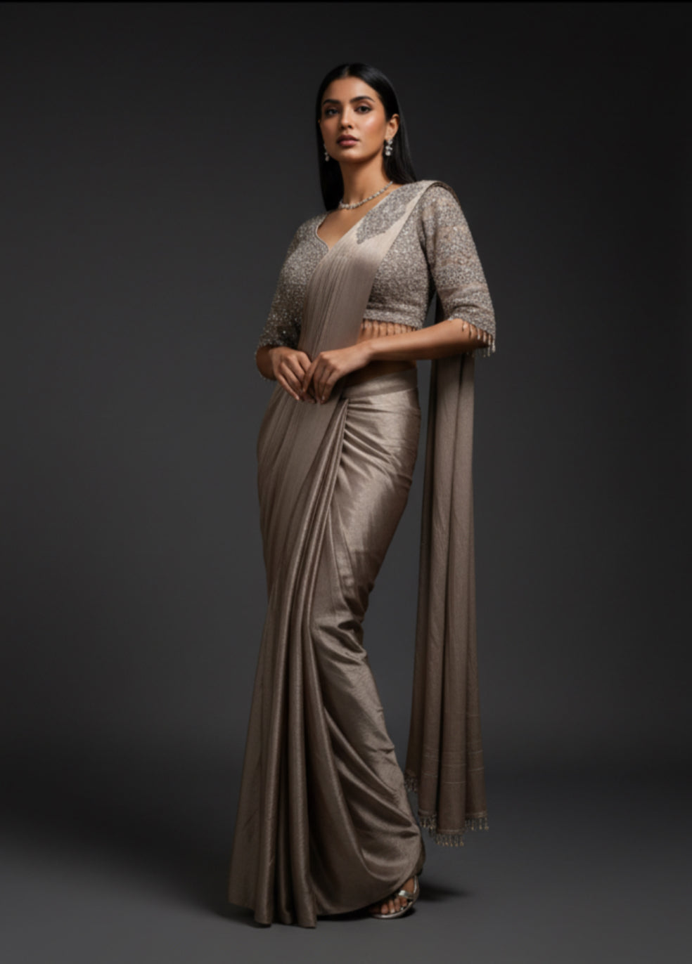 Champagne Bronze Drape Saree Set