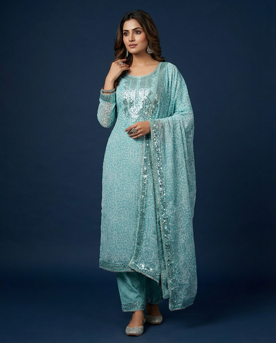 Soft sequin & mirror work unstitched suit