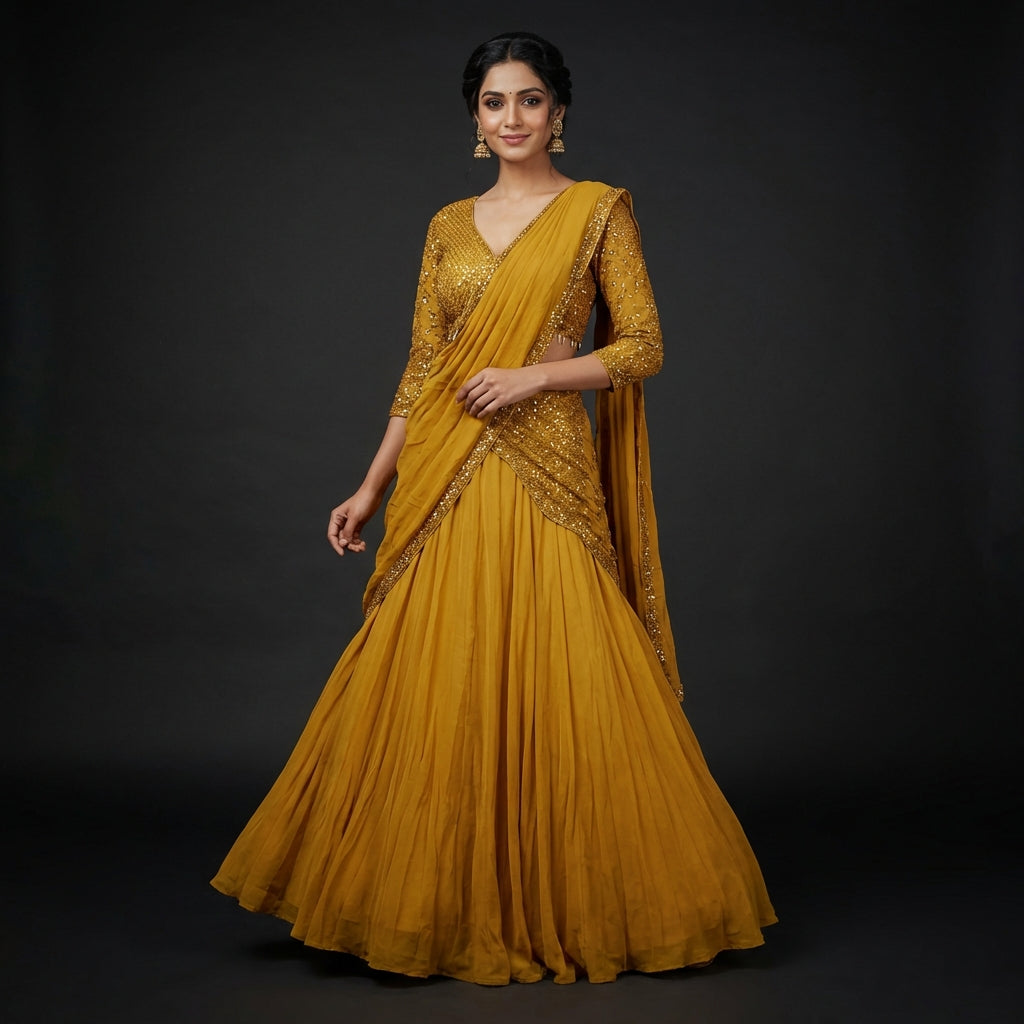 Flattering Lehenga Saree With Hand Embroidered Full Sleeve Blouse