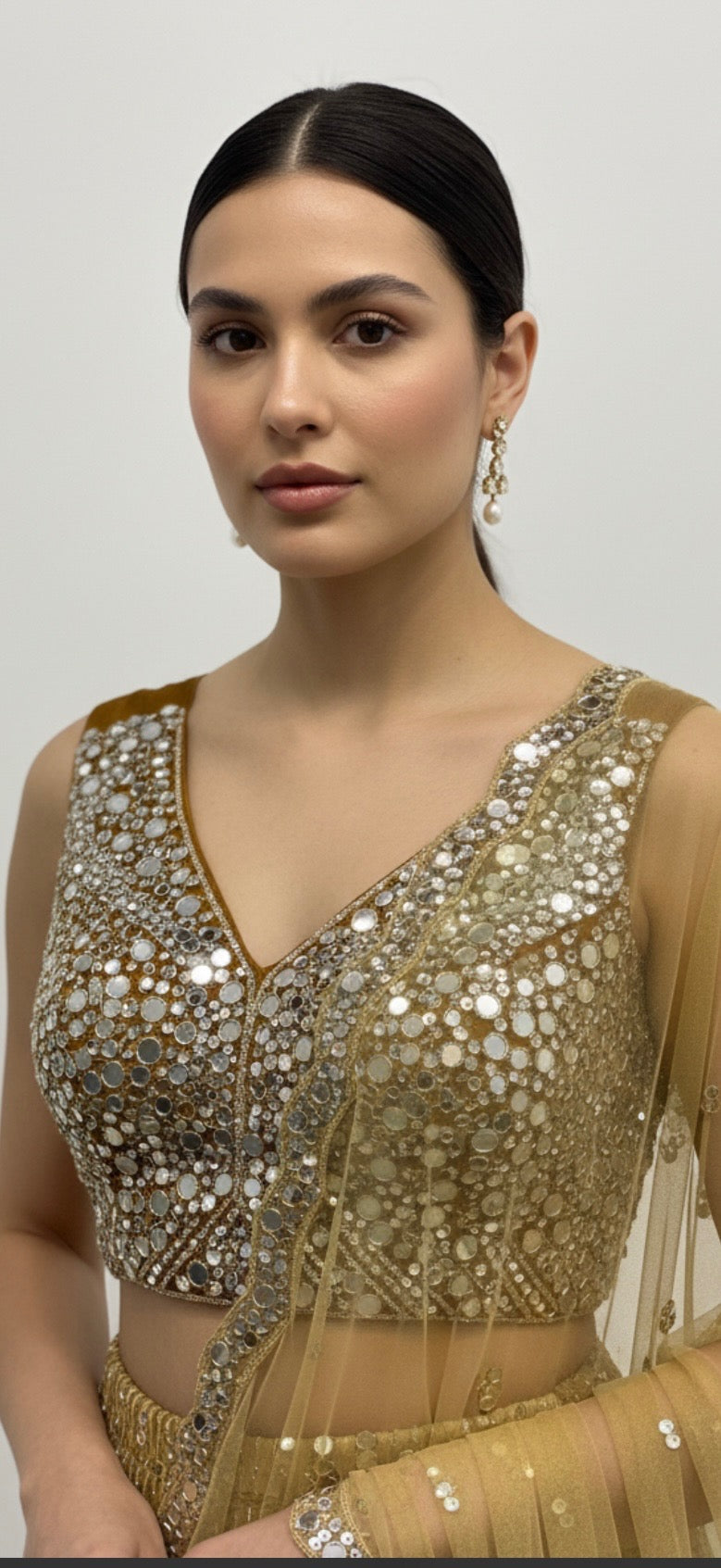 Golden Mirror-Embroidered Lehenga Set with Net Dupatta