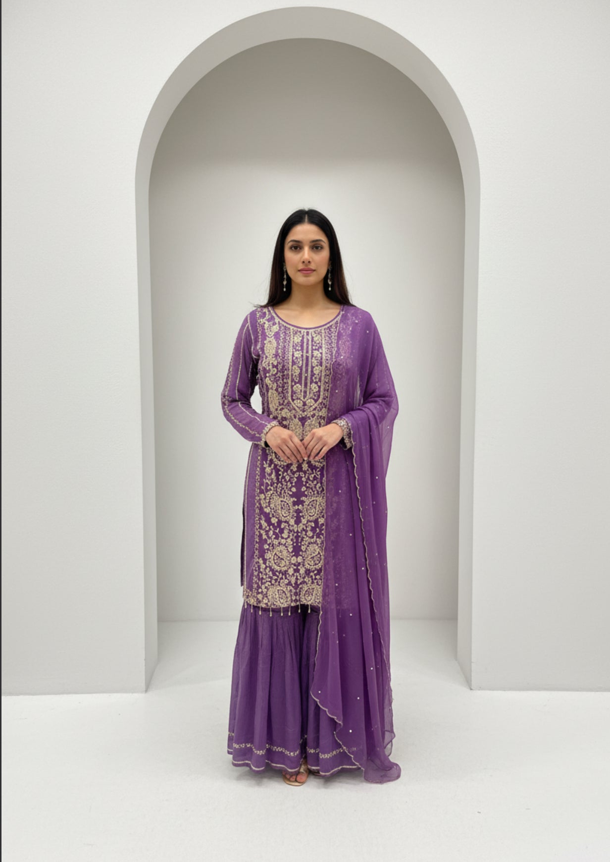 Coral Pink Embroidered Georgette Sharara Set