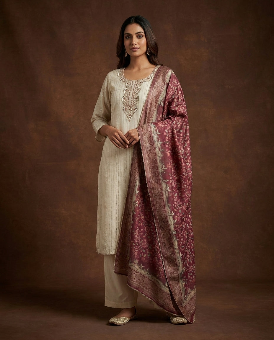 Versatile Flared Pants Suits With Printed Banarsi Dupatta