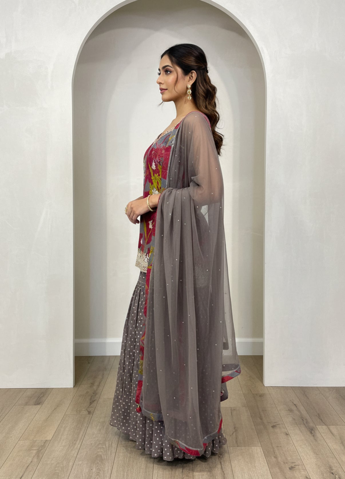 Grey and Pink Floral Kurta Gharara Set with Net Dupatta