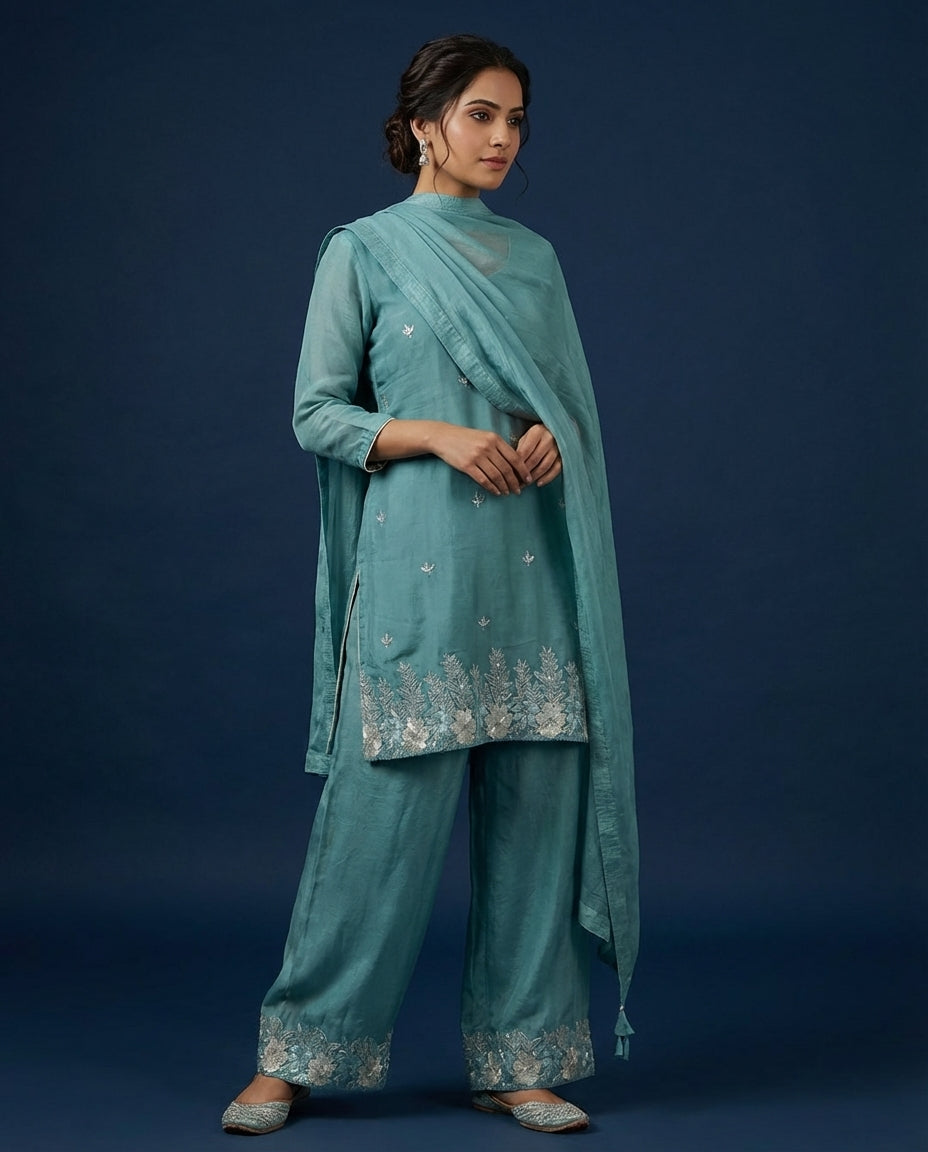 Elegant Rama Green Embroidered Kurta Set