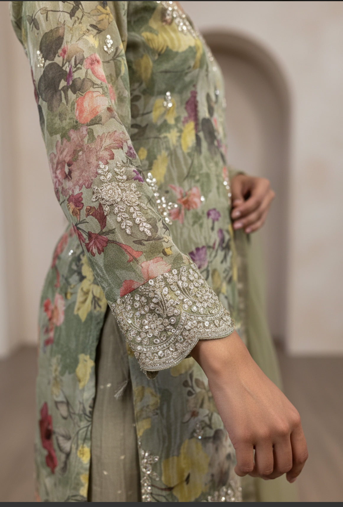 Olive Green Floral Kurta Sharara Set with Net Dupatta