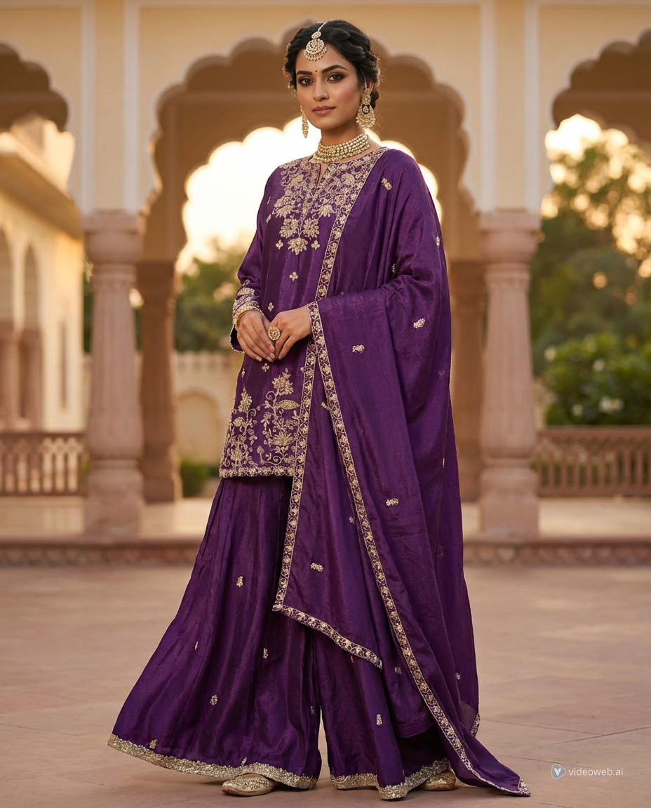 Embroidered Sharara Set with Dupatta – Magenta & Royal Purple