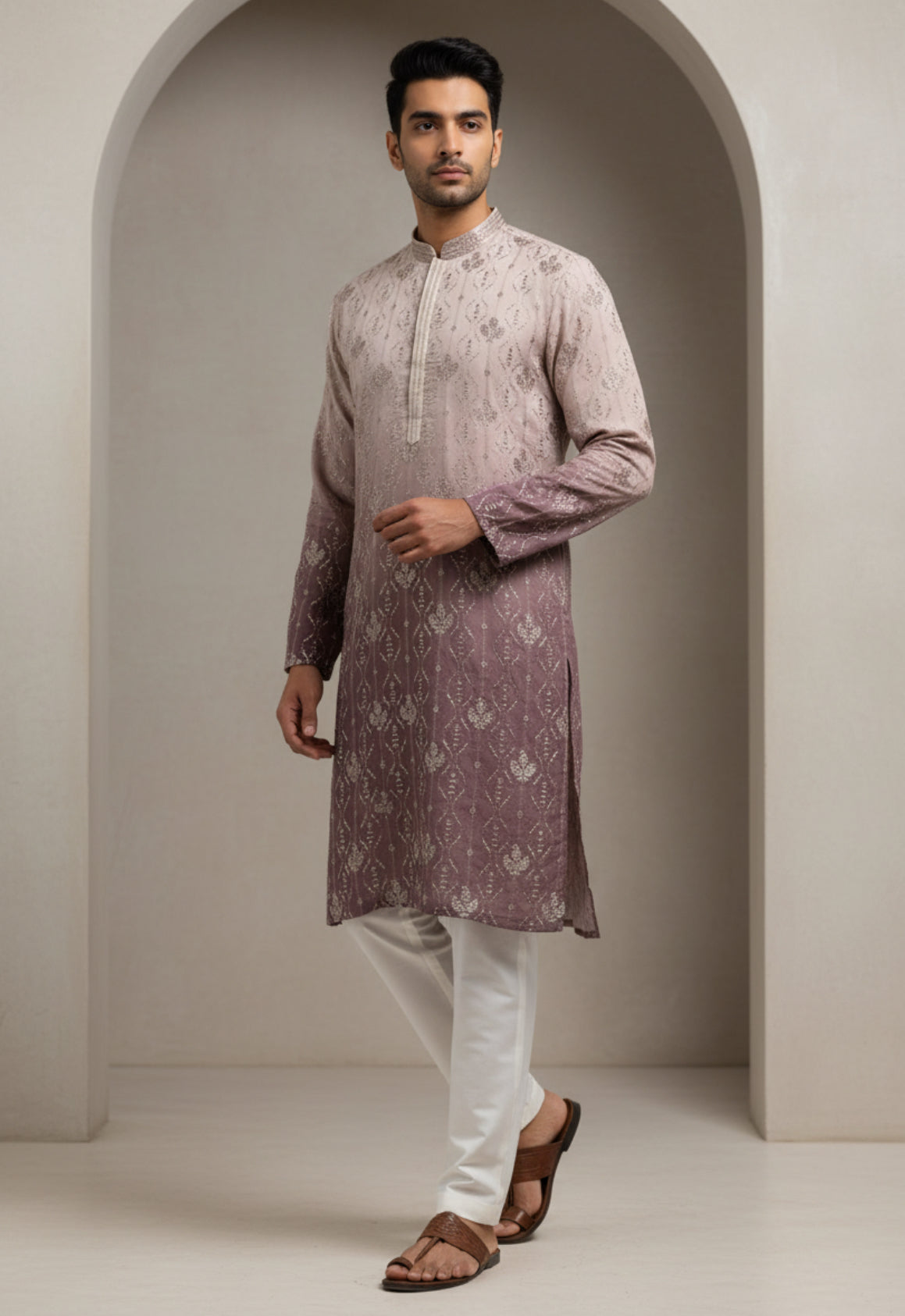 Mauve Ombré Embroidered Kurta for Men