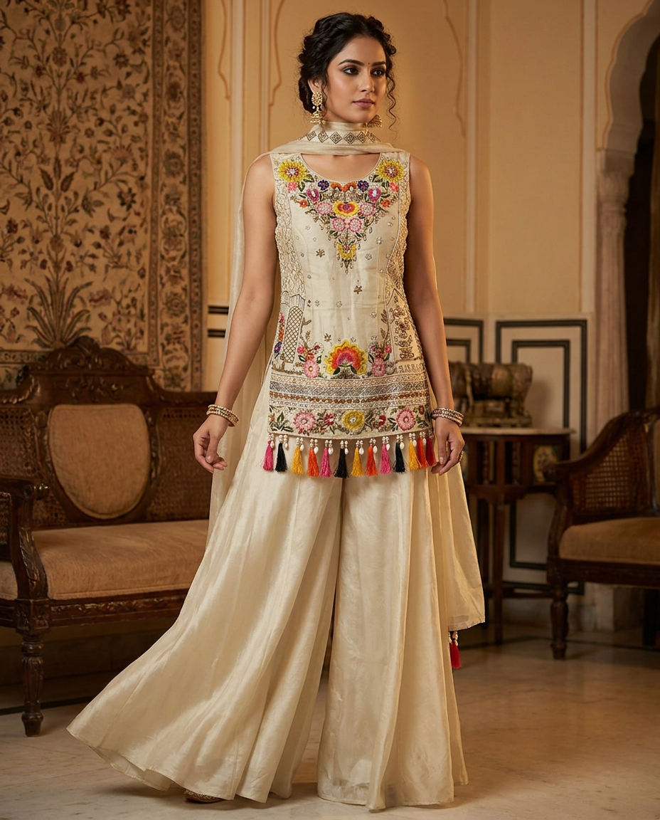 Heritage ivory Flowing Sharara Set