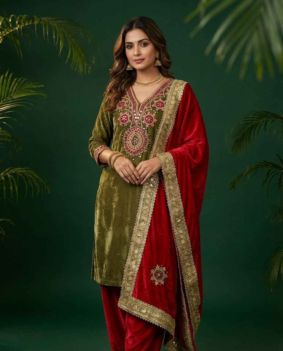 Olive Green & Red Embroidered Unstitched Suit Set with Velvet Dupatta