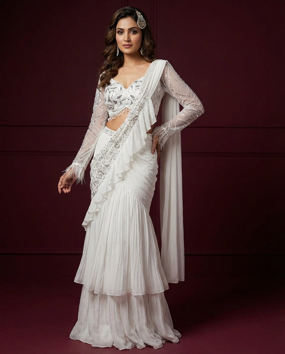 Ivory Embellished Pre-Draped Saree with Ruffle Detailing