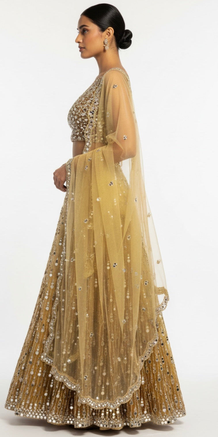 Golden Mirror-Embroidered Lehenga Set with Net Dupatta