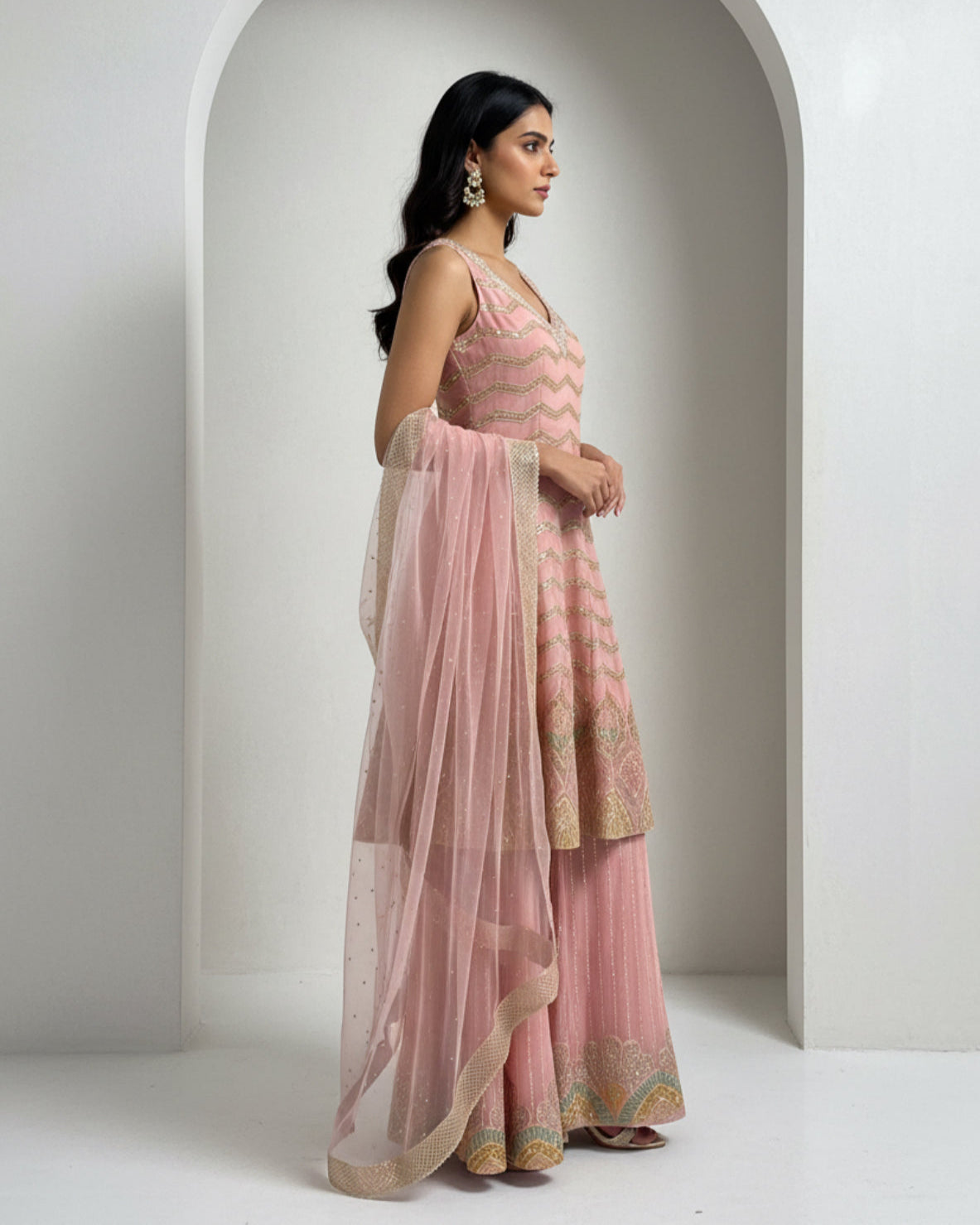 Blush Pink Sharara Set with Embroidered Kurta & Net Dupatta