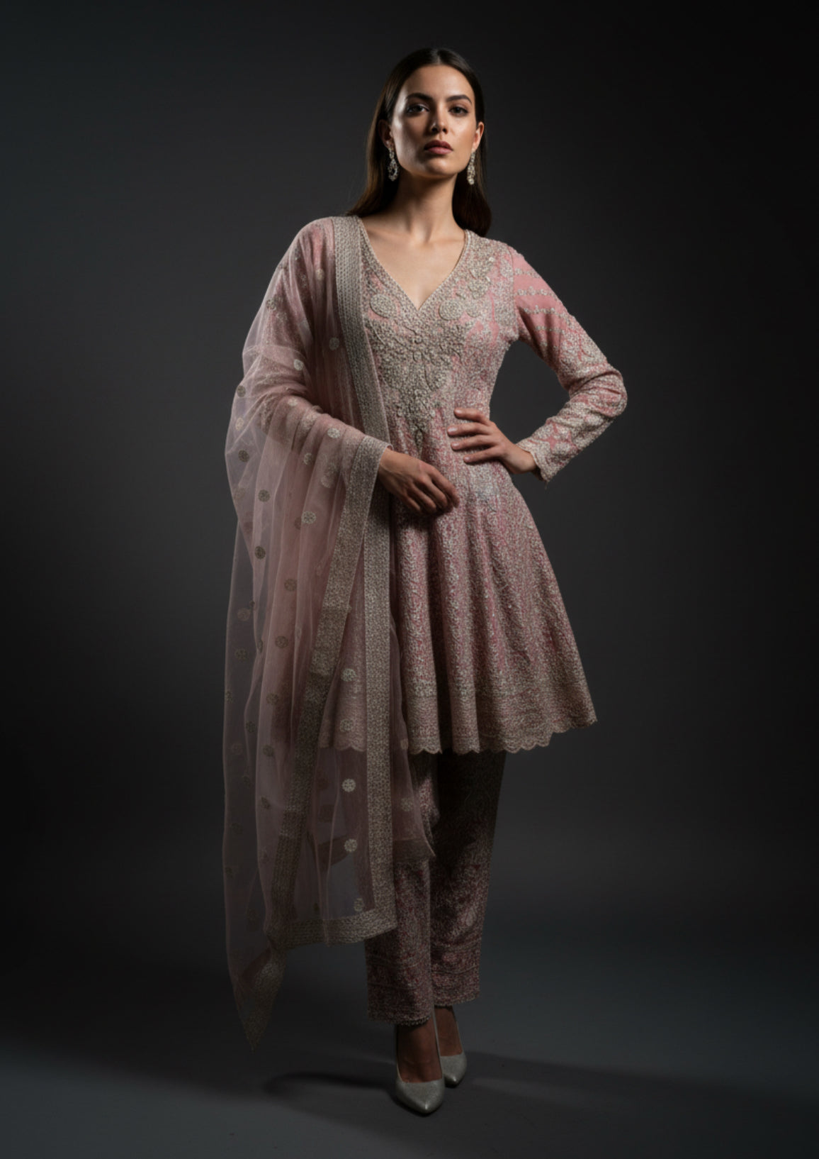 Peach Embroidered Kali Style Pant Set