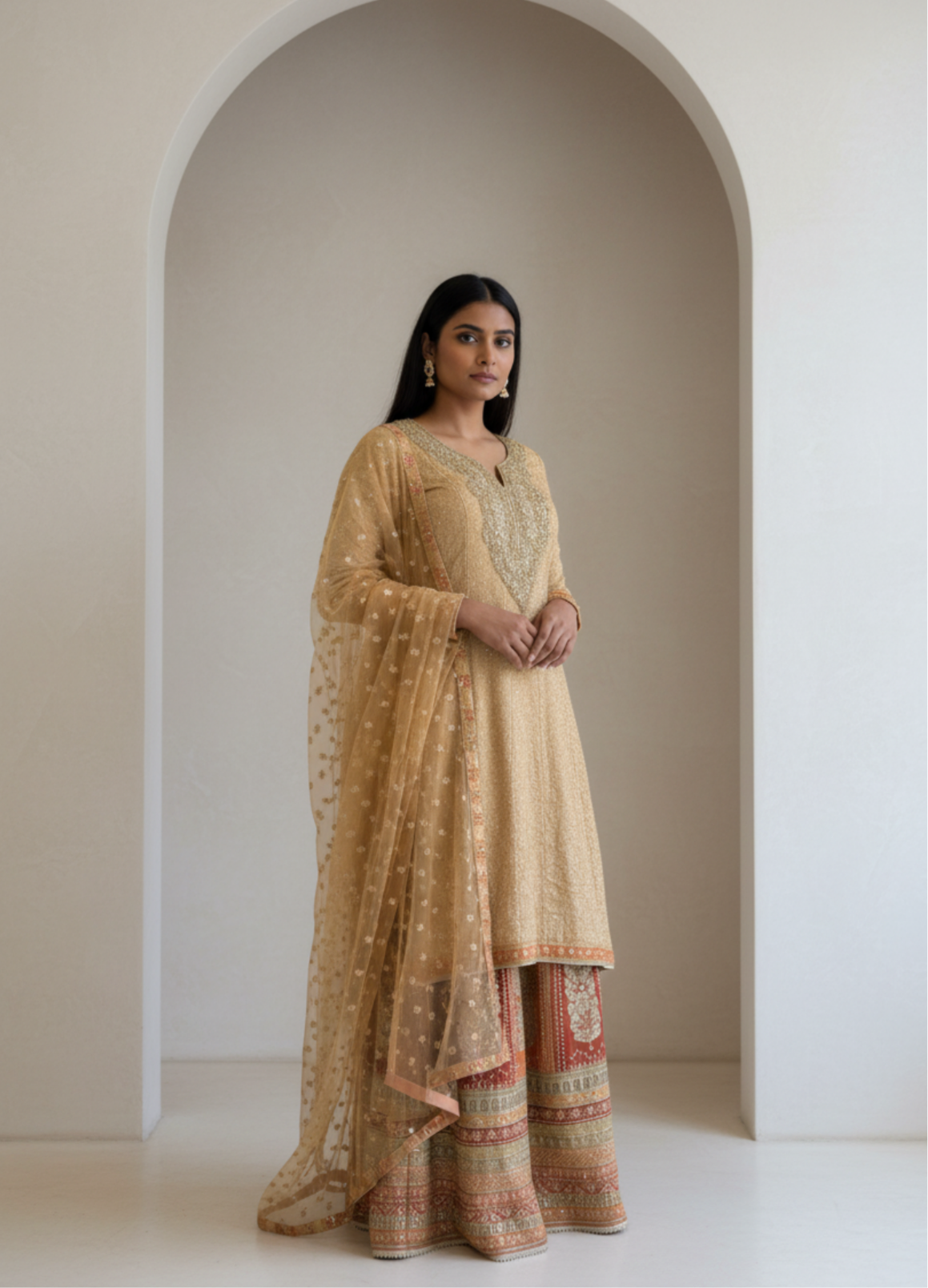 Golden Embroidered Kurta with Printed Sharara & Dupatta