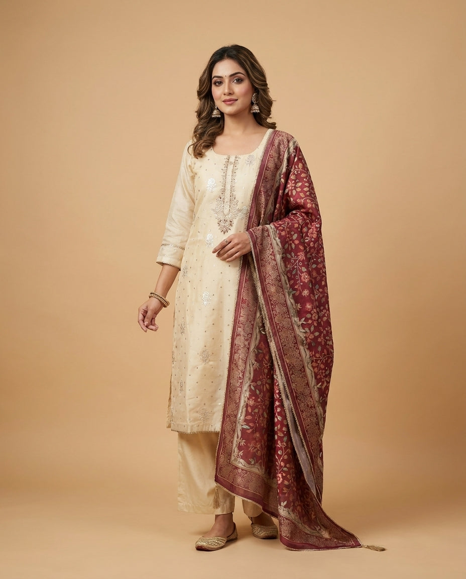 Versatile Flared Pants Suits With Printed Banarsi Dupatta