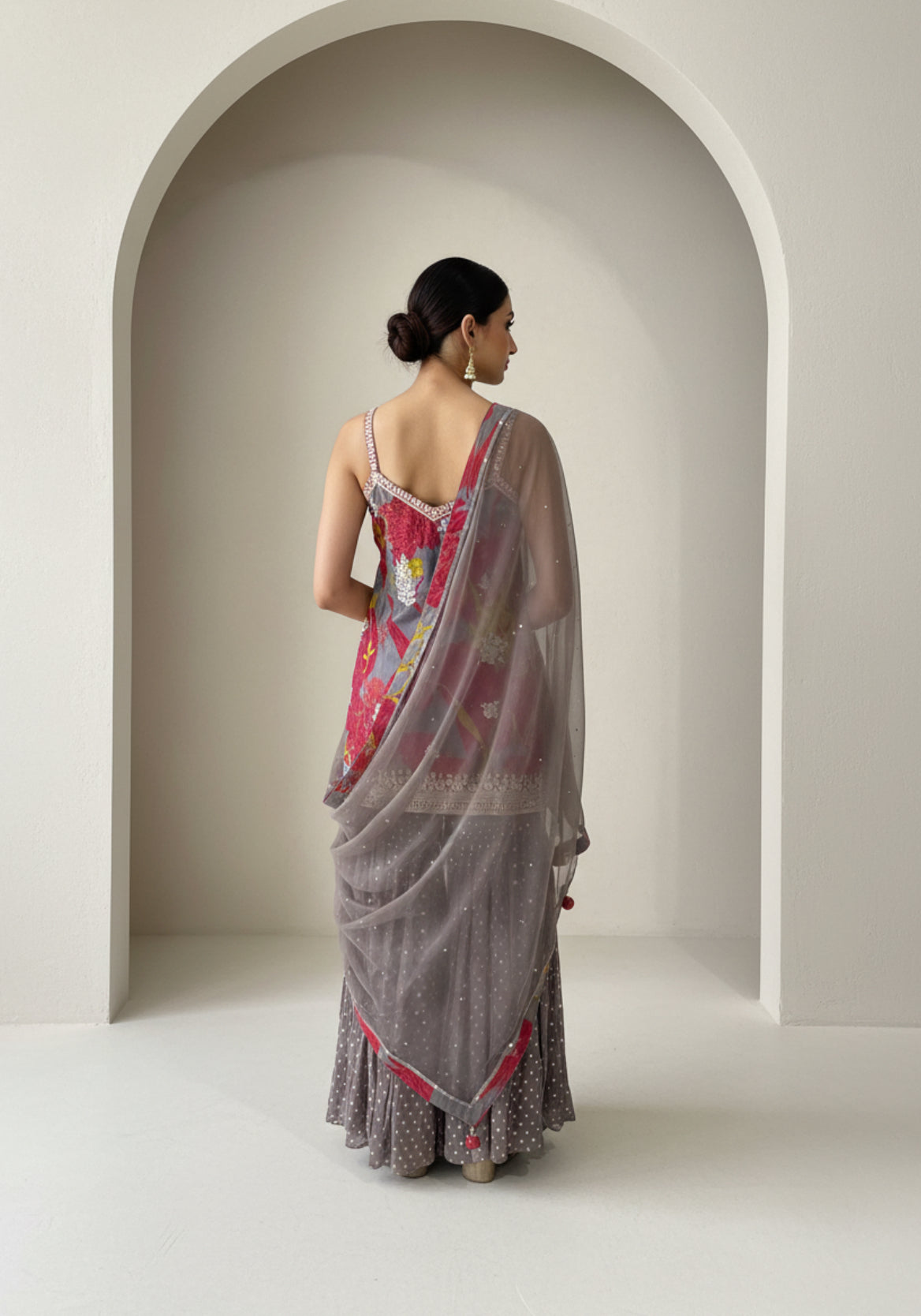 Grey and Pink Floral Kurta Gharara Set with Net Dupatta