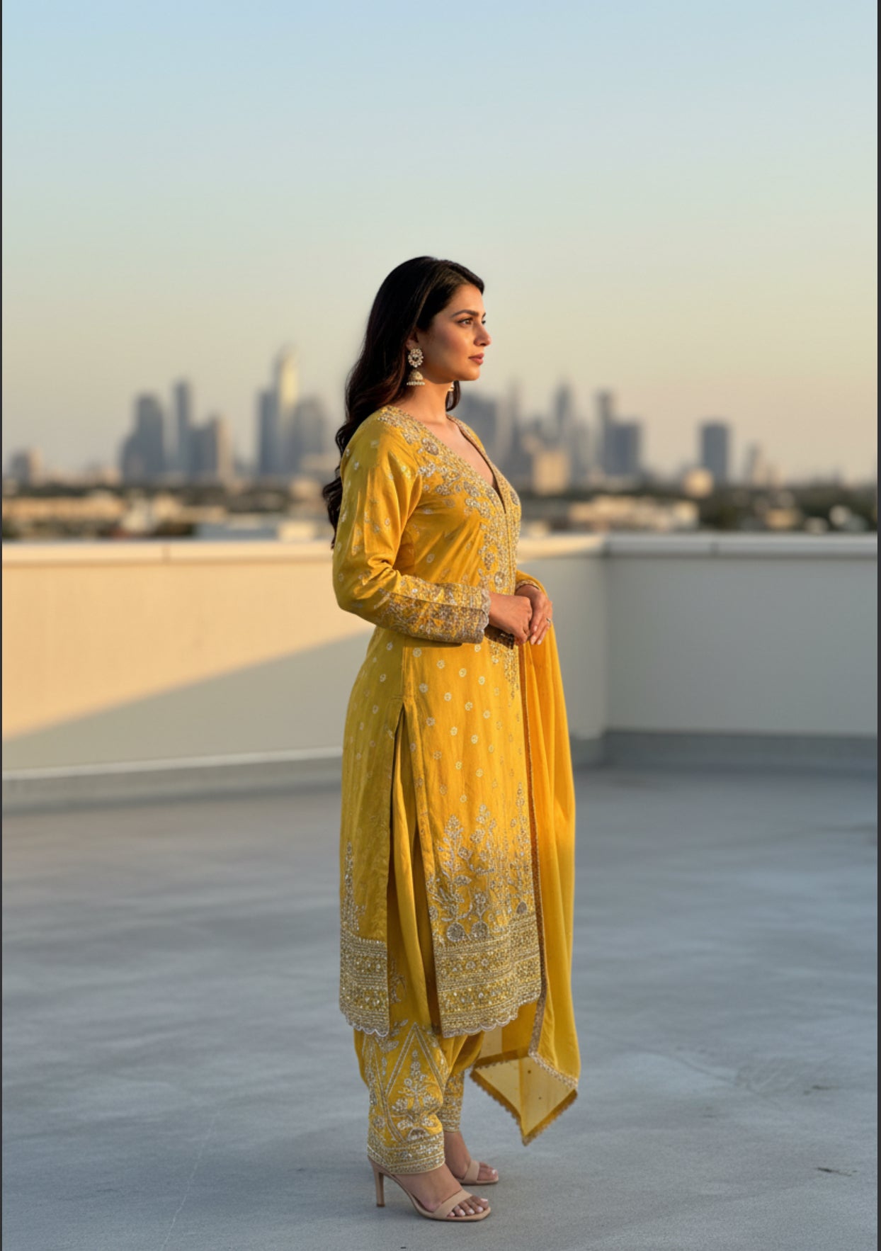 Mustard Yellow Embroidered Silk Suit Set