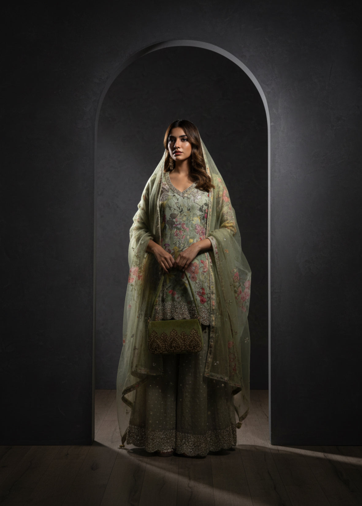 Olive Green Floral Kurta Sharara Set with Net Dupatta