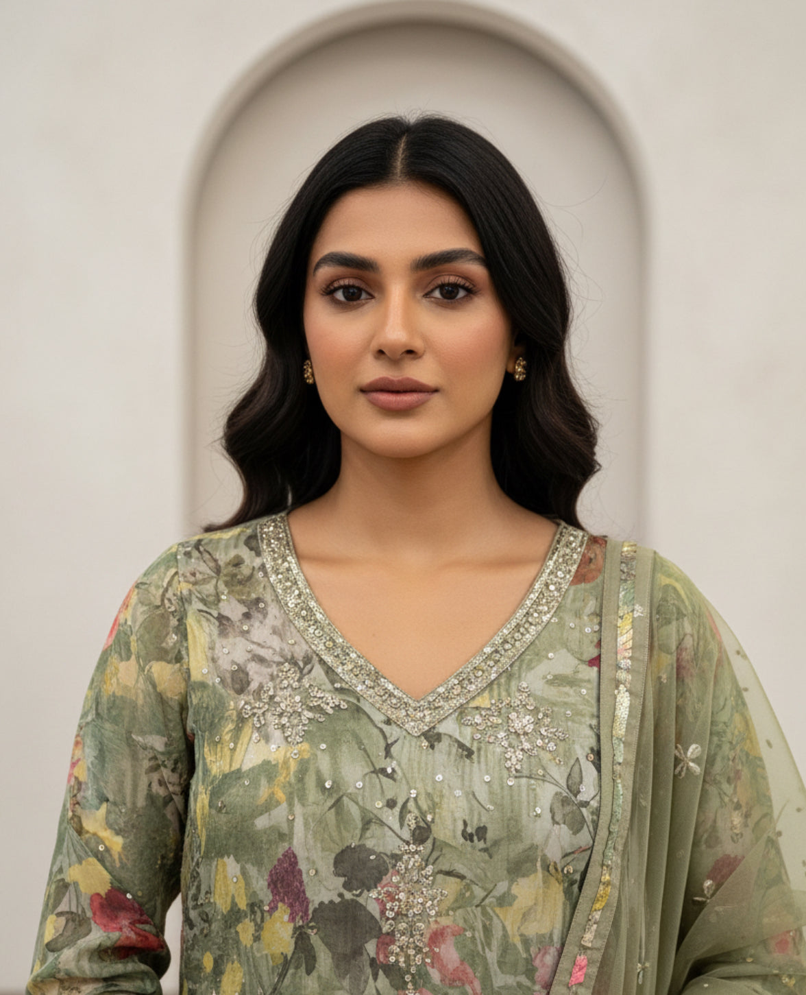 Olive Green Floral Kurta Sharara Set with Net Dupatta