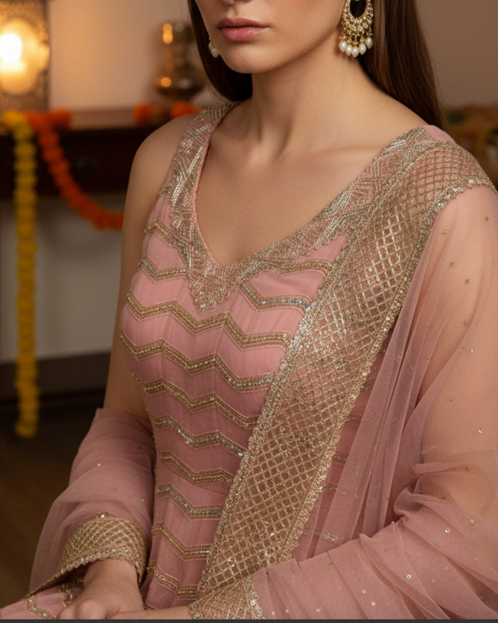 Blush Pink Sharara Set with Embroidered Kurta & Net Dupatta