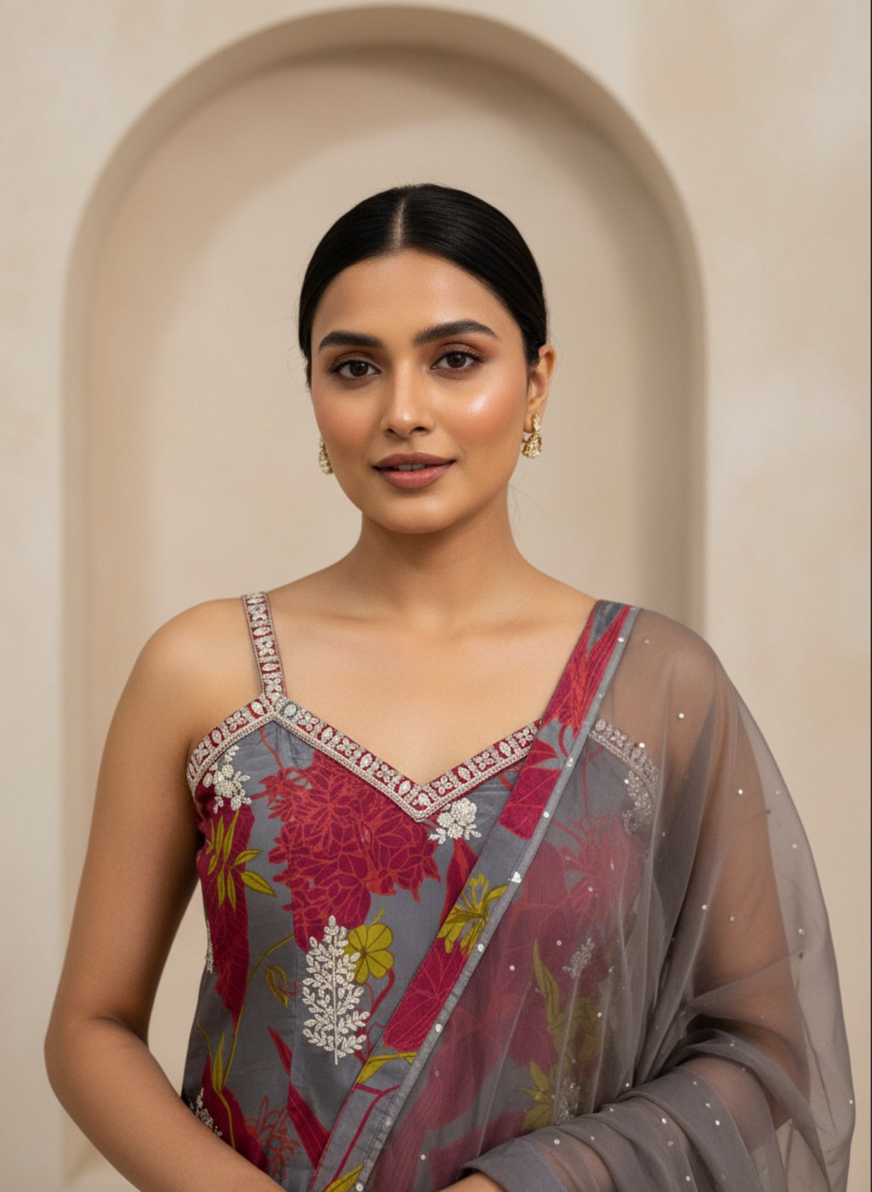 Grey and Pink Floral Kurta Gharara Set with Net Dupatta