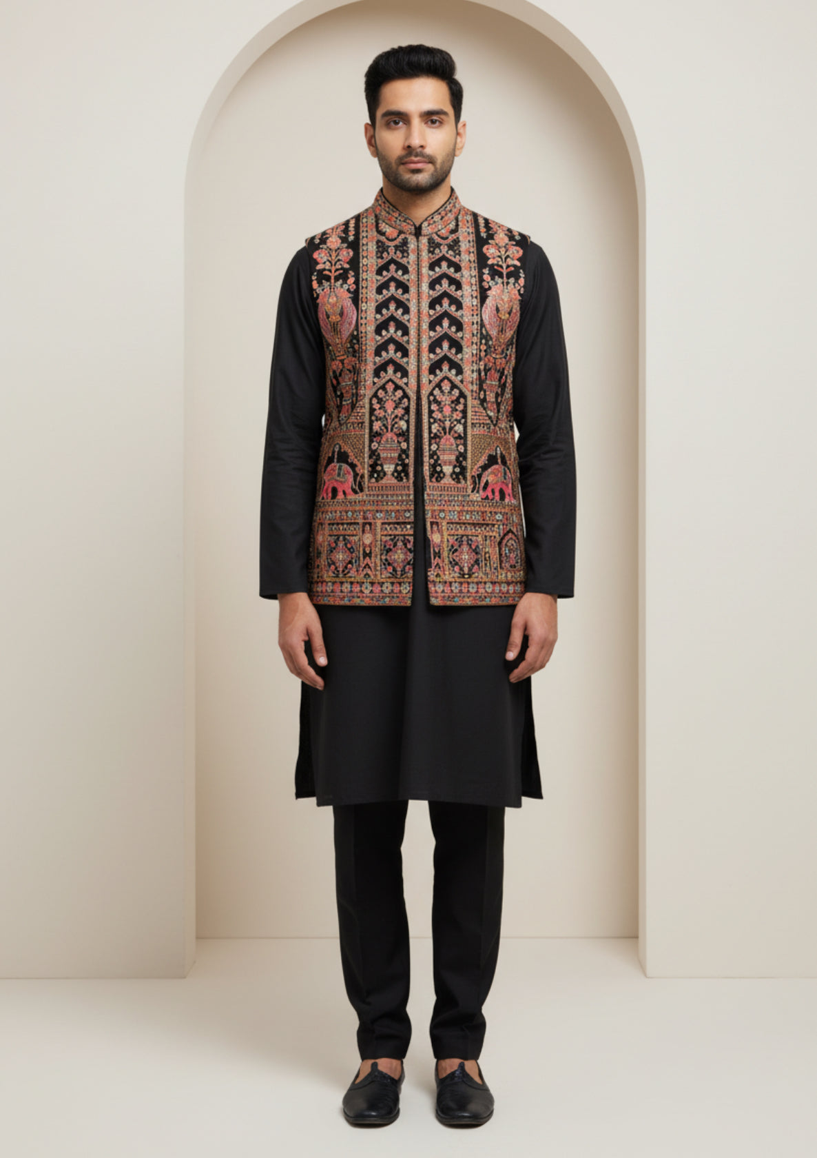 Black Embroidered Kurta Achkan Set