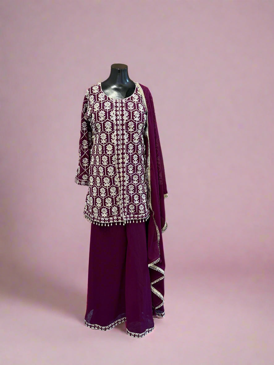 Maroon Embroidered Sharara Suit