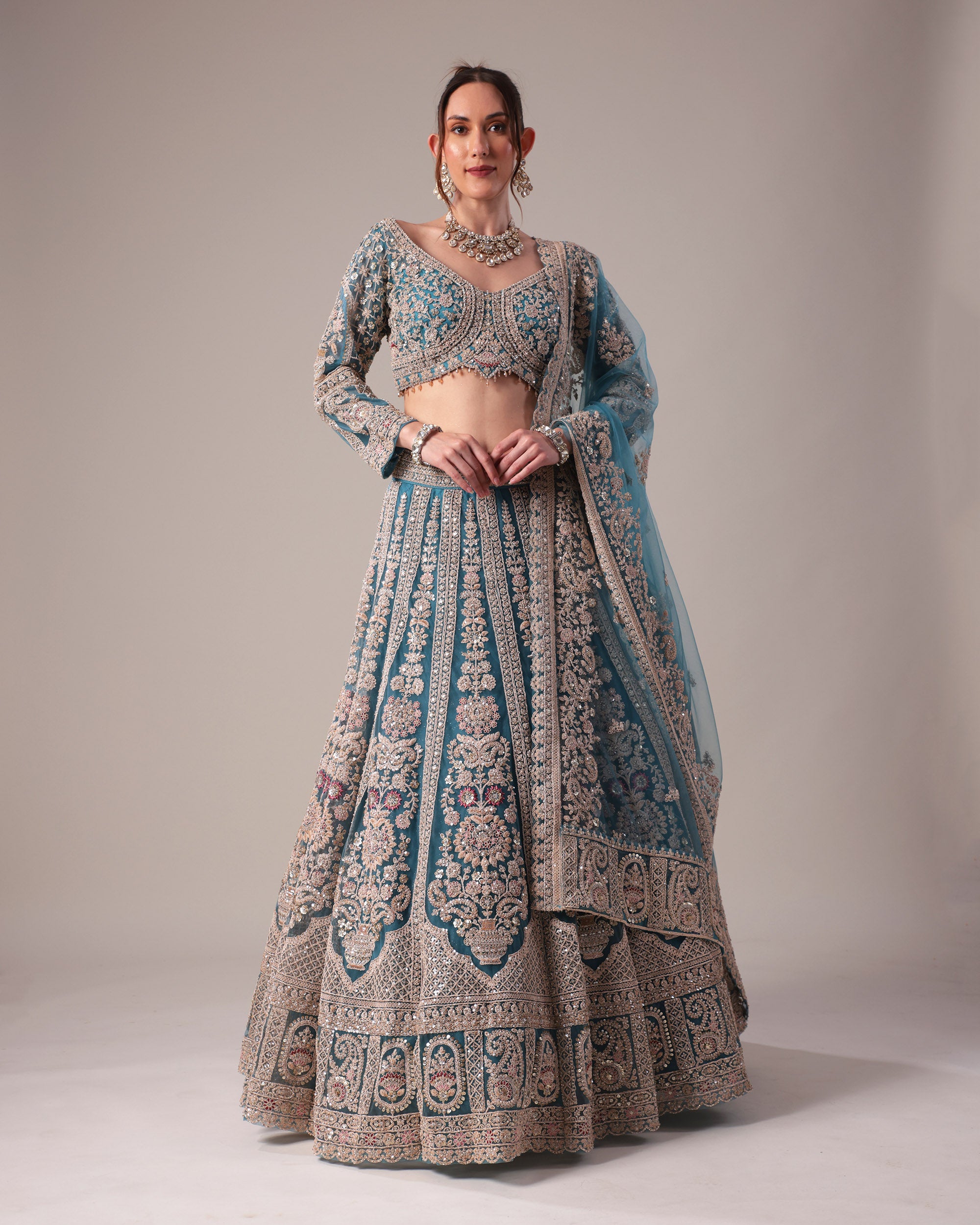 Teal Blue Heavily Embroidered Formal Lehenga Set