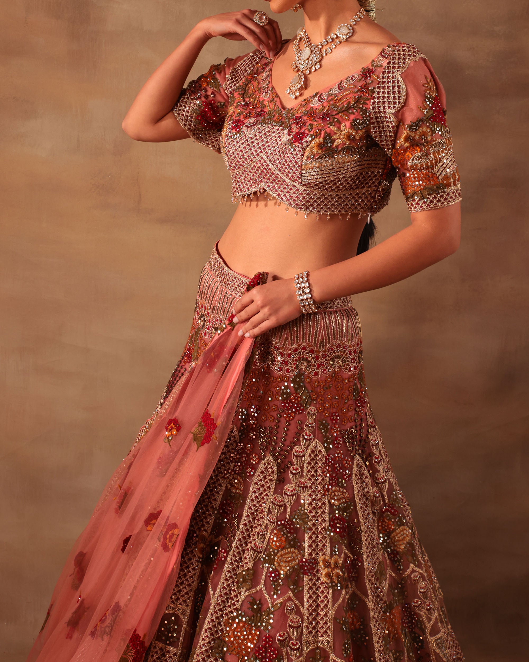 Rust Peach Embroidered Semi-Formal Lehenga Set