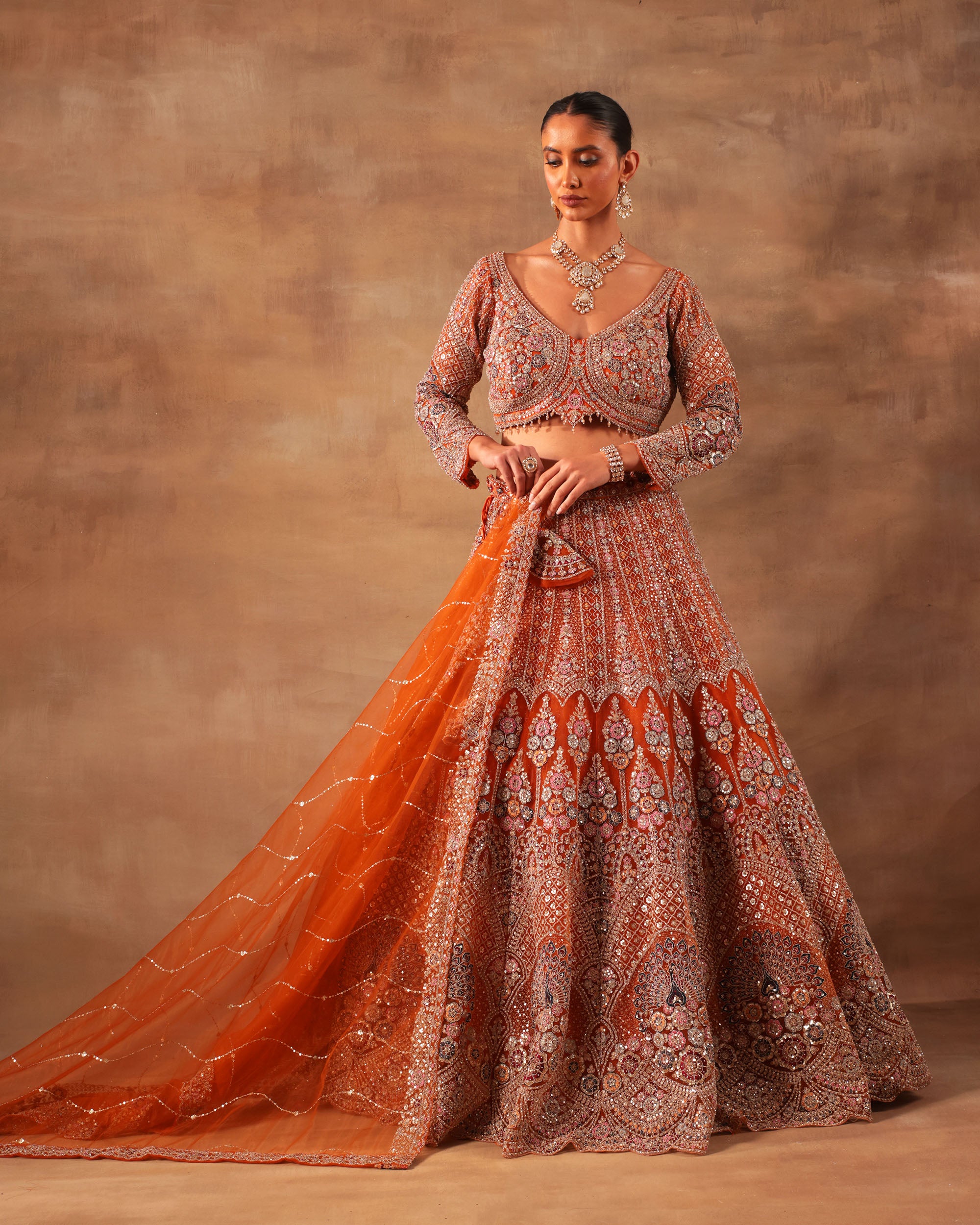Orange Heavy Embroidered Formal Lehenga Set