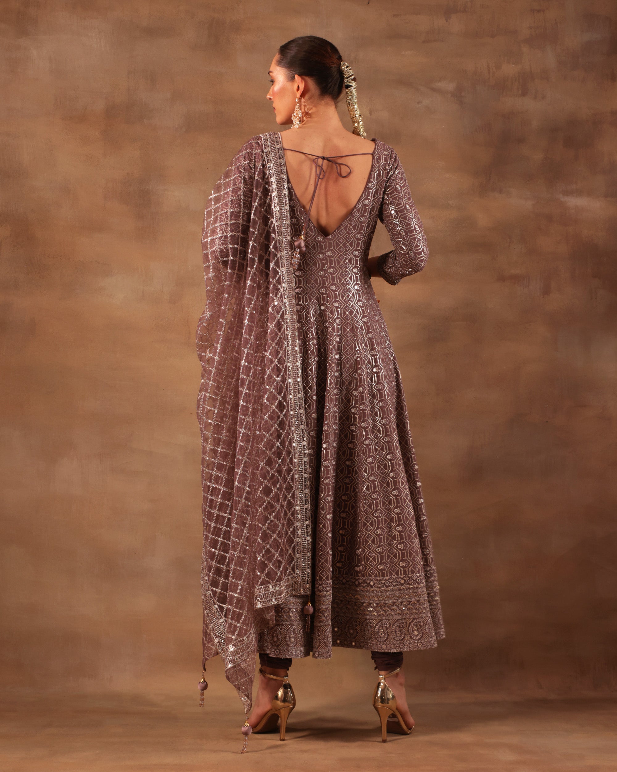 Wine Embroidered Anarkali Set with Dupatta
