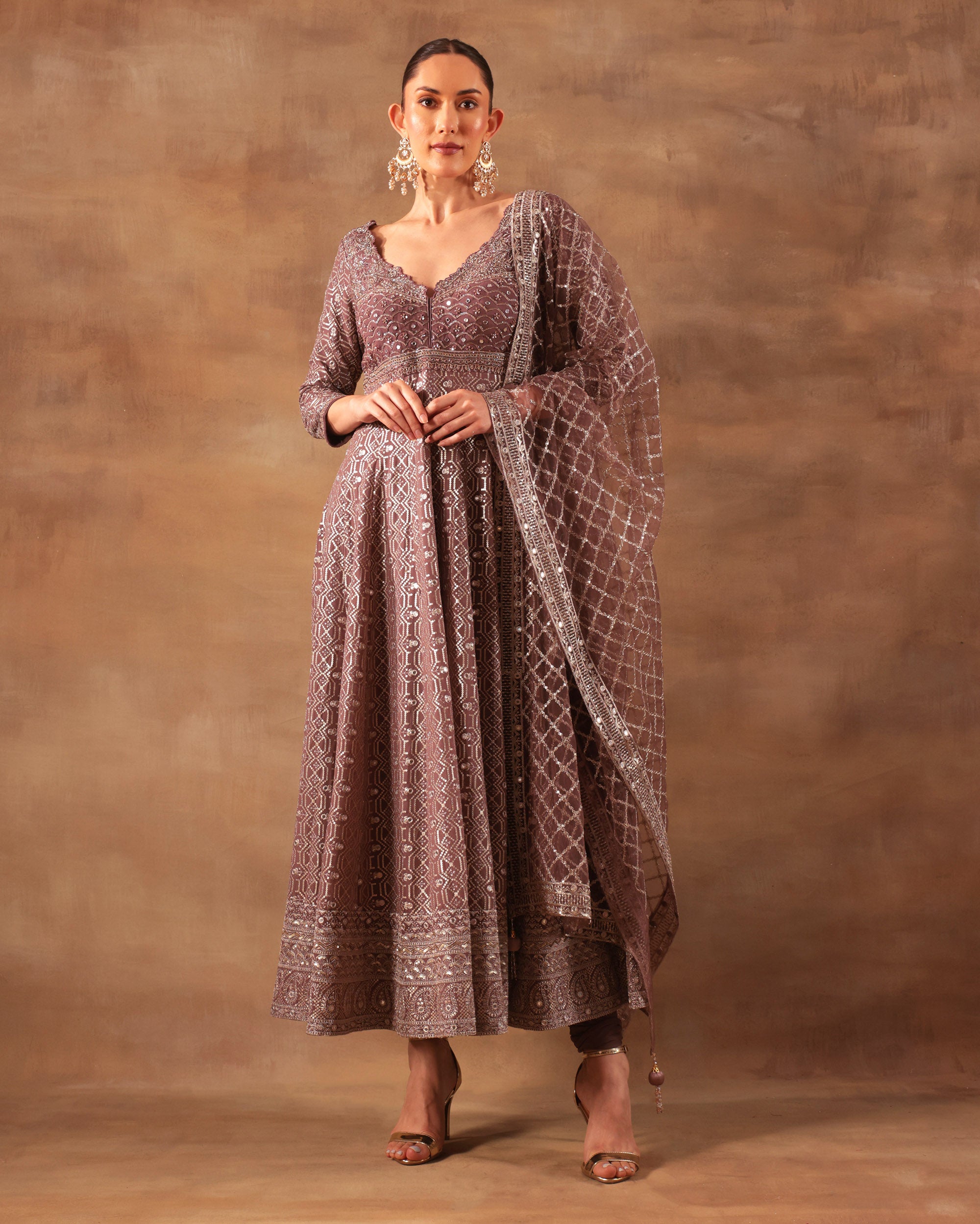 Wine Embroidered Anarkali Set with Dupatta