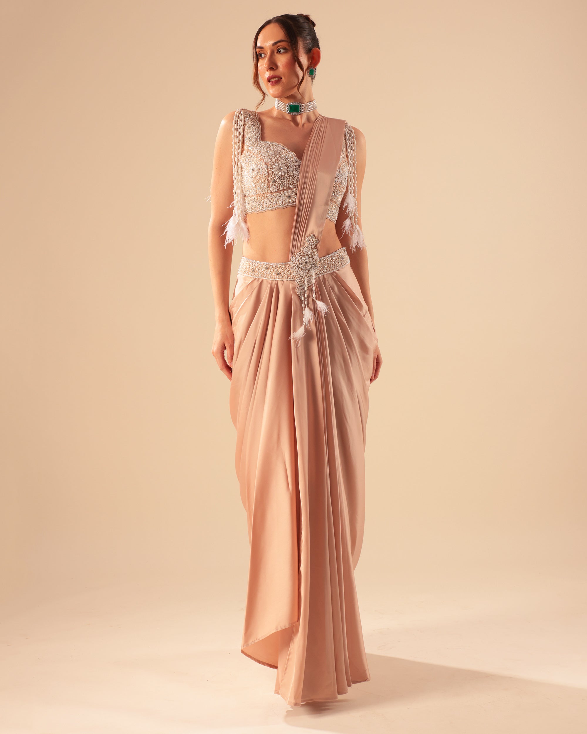 Nude Embellished Drape Saree Set with Feather Detailing