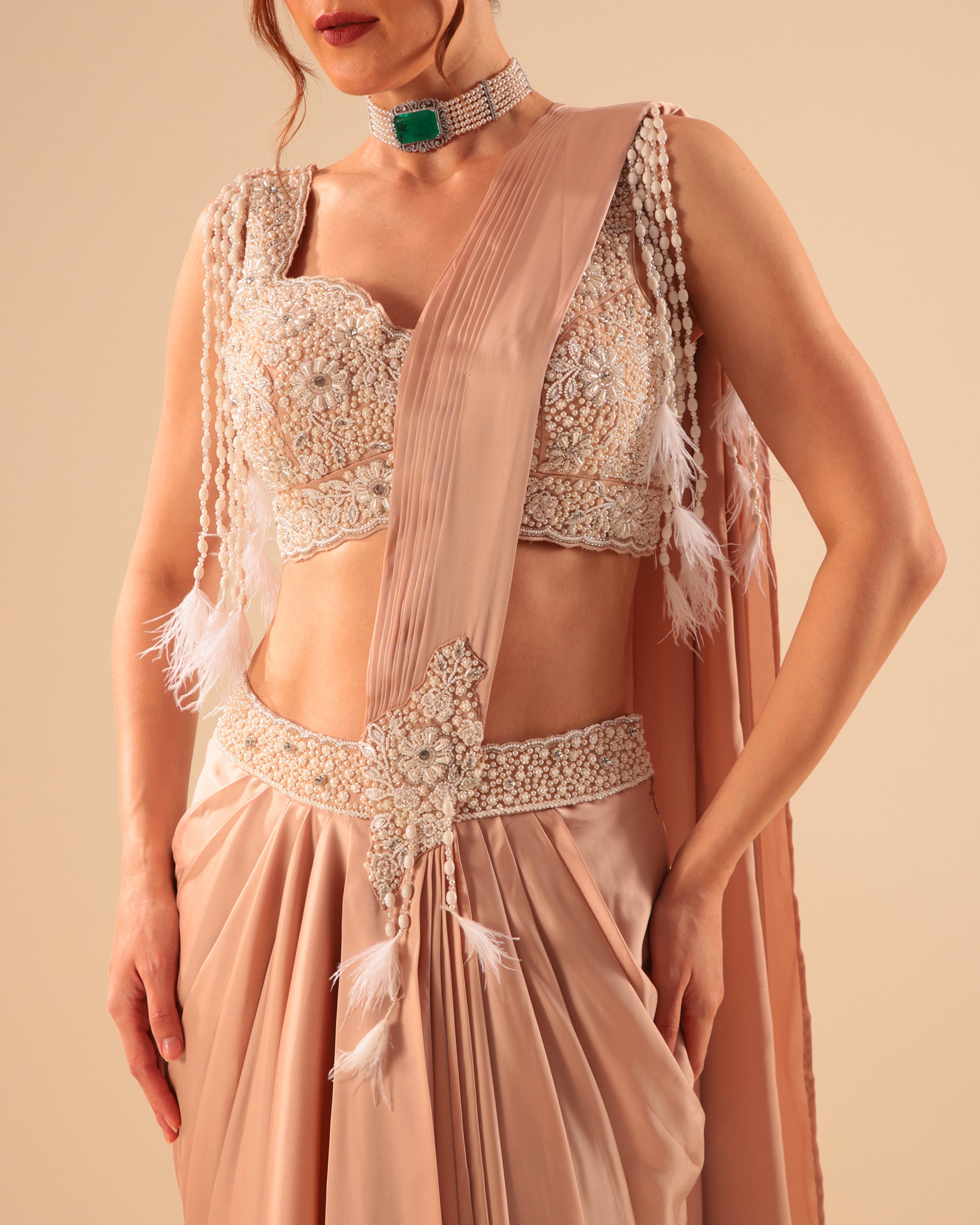 Nude Embellished Drape Saree Set with Feather Detailing