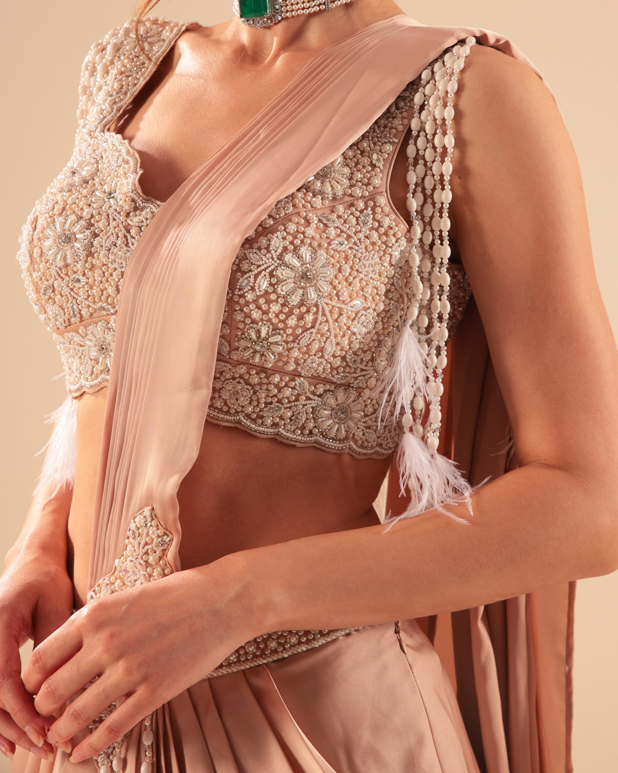Nude Embellished Drape Saree Set with Feather Detailing