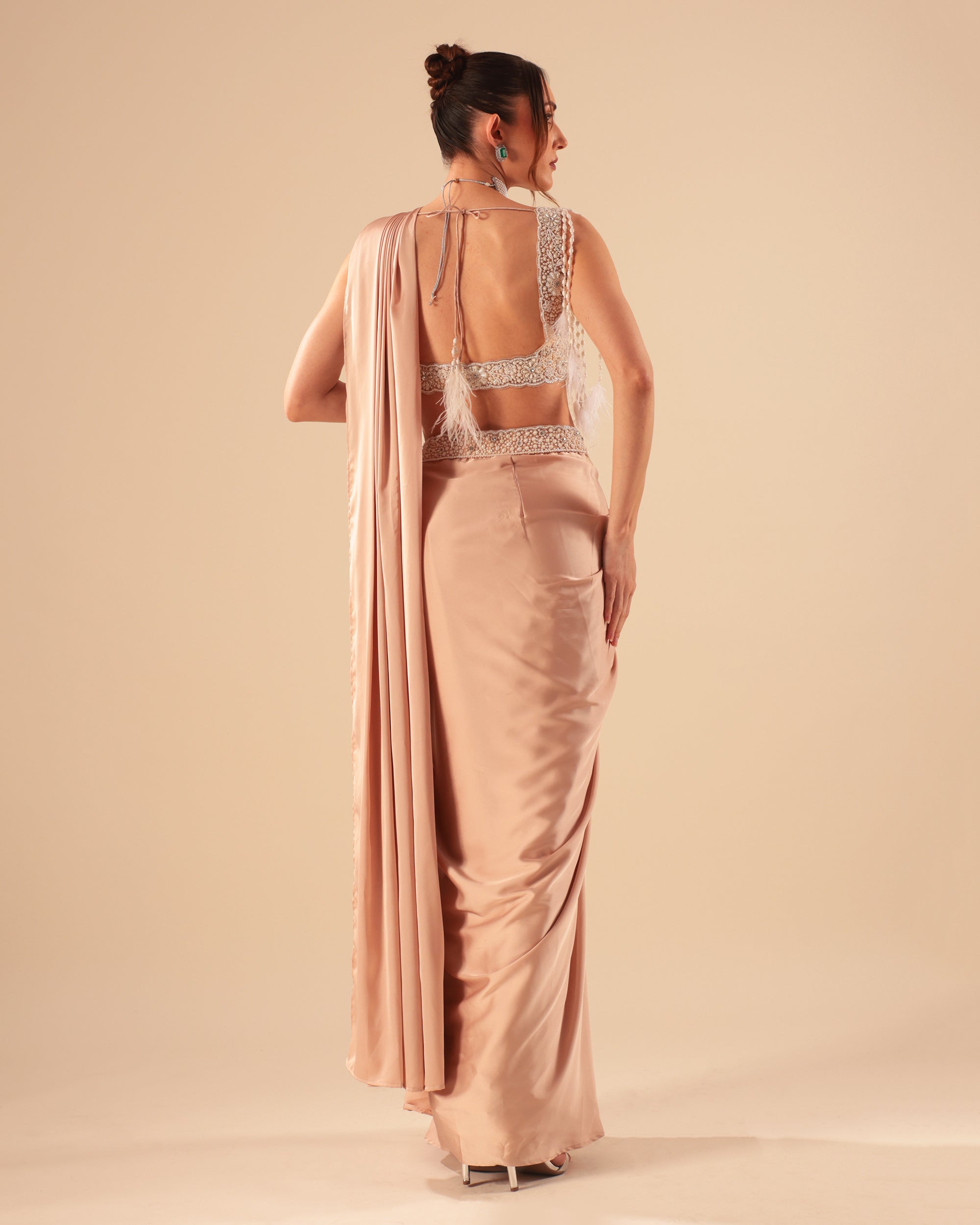 Nude Embellished Drape Saree Set with Feather Detailing