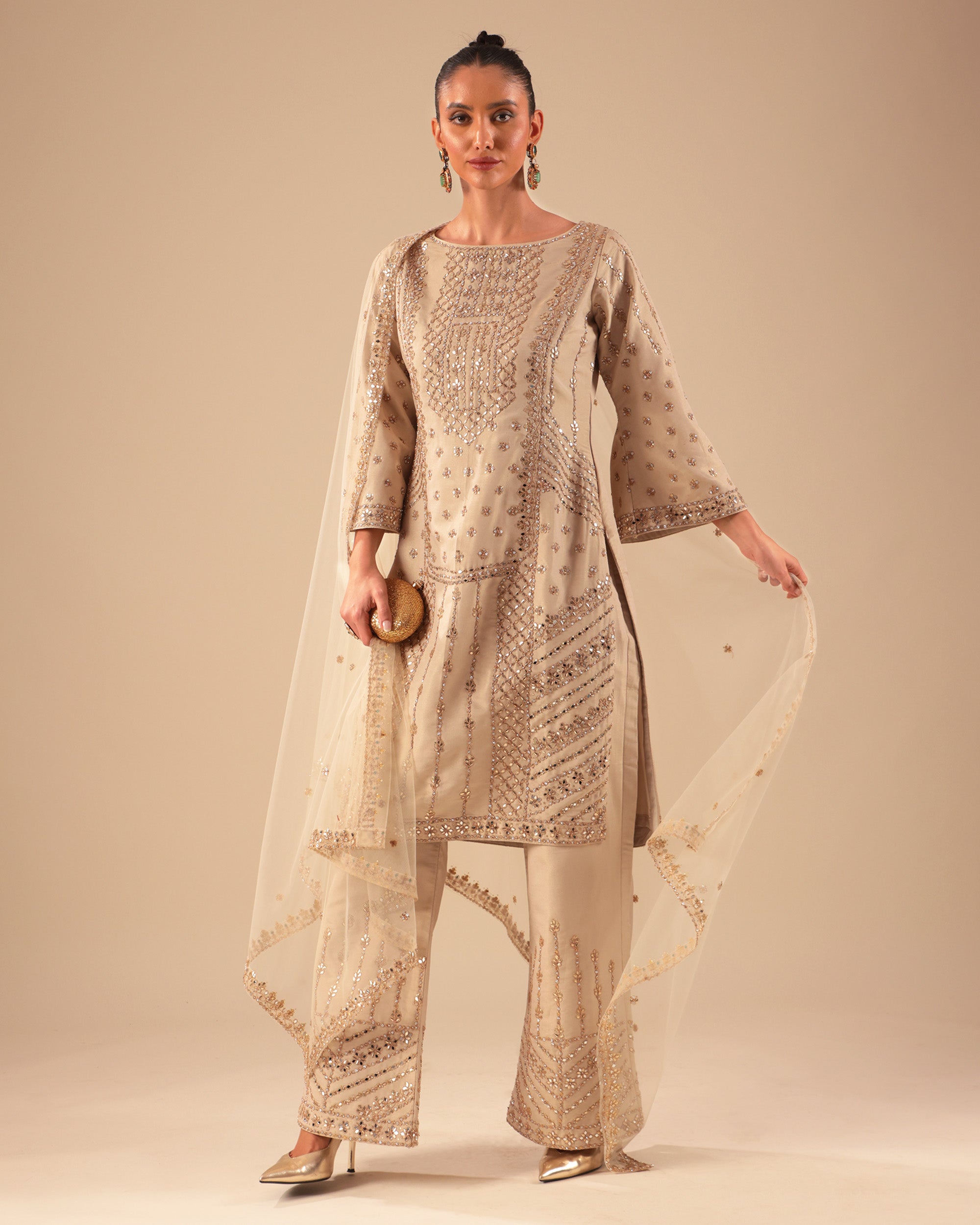 Beige Embroidered Palazzo Suit Set with Net Dupatta