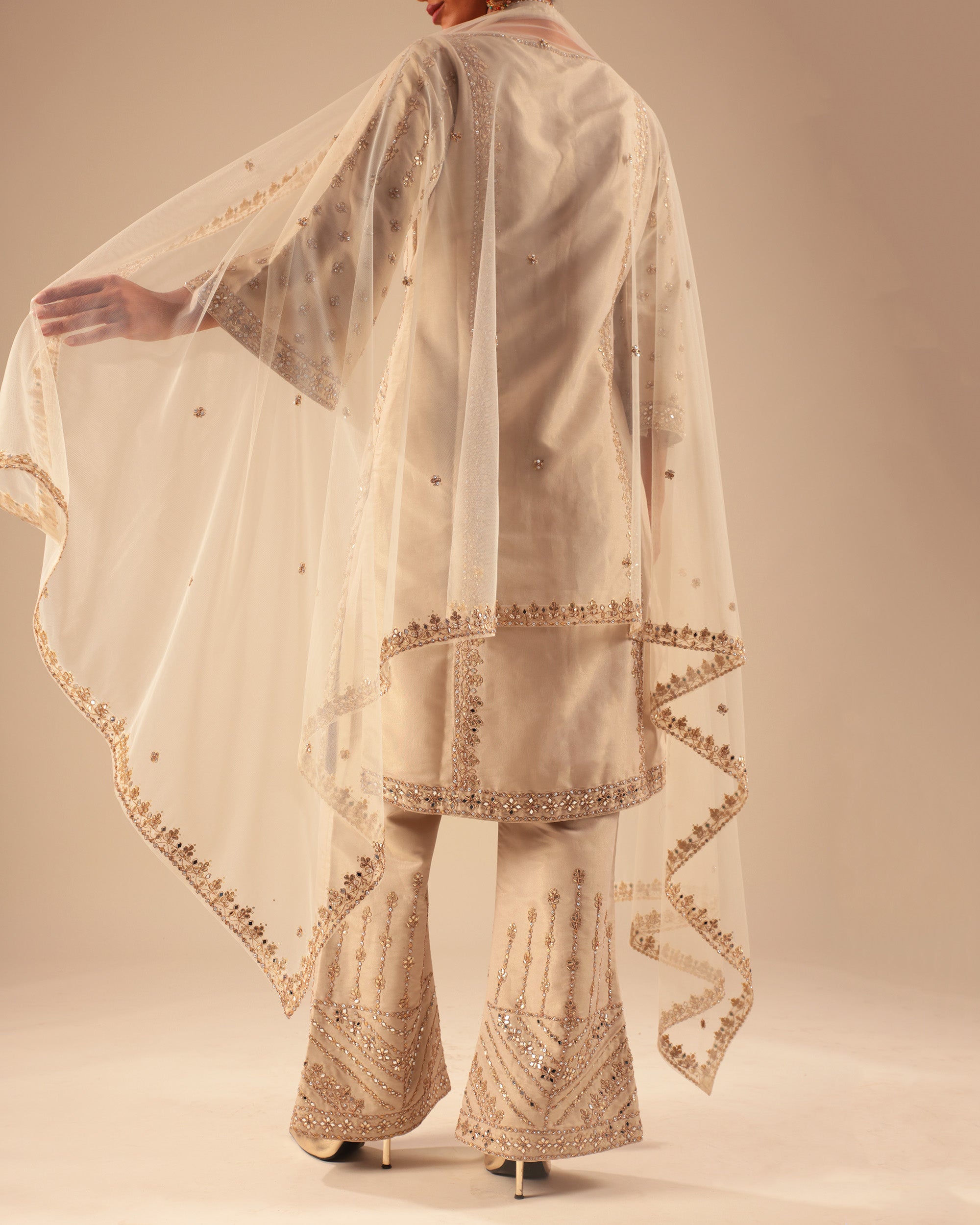 Beige Embroidered Palazzo Suit Set with Net Dupatta