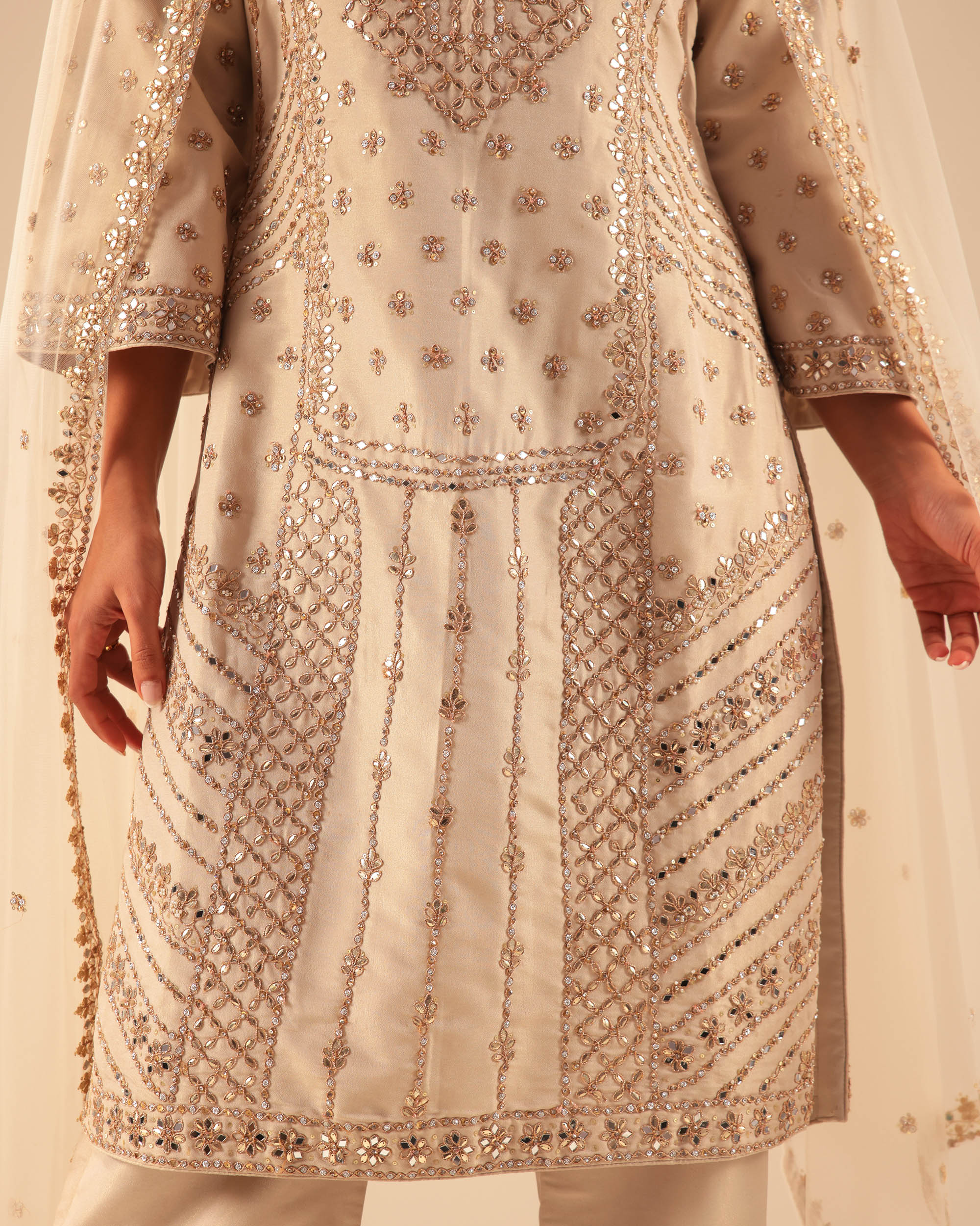 Beige Embroidered Palazzo Suit Set with Net Dupatta