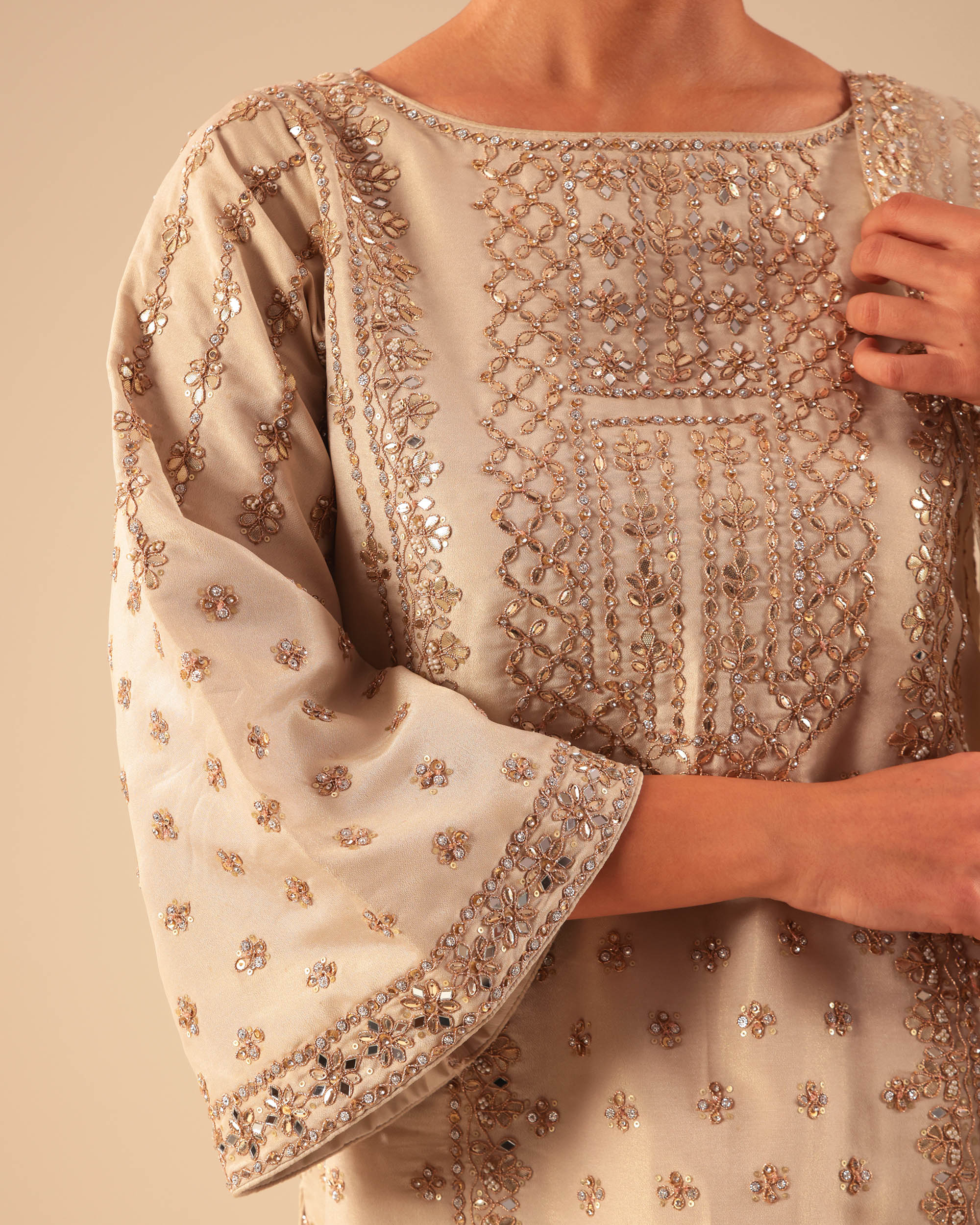 Beige Embroidered Palazzo Suit Set with Net Dupatta