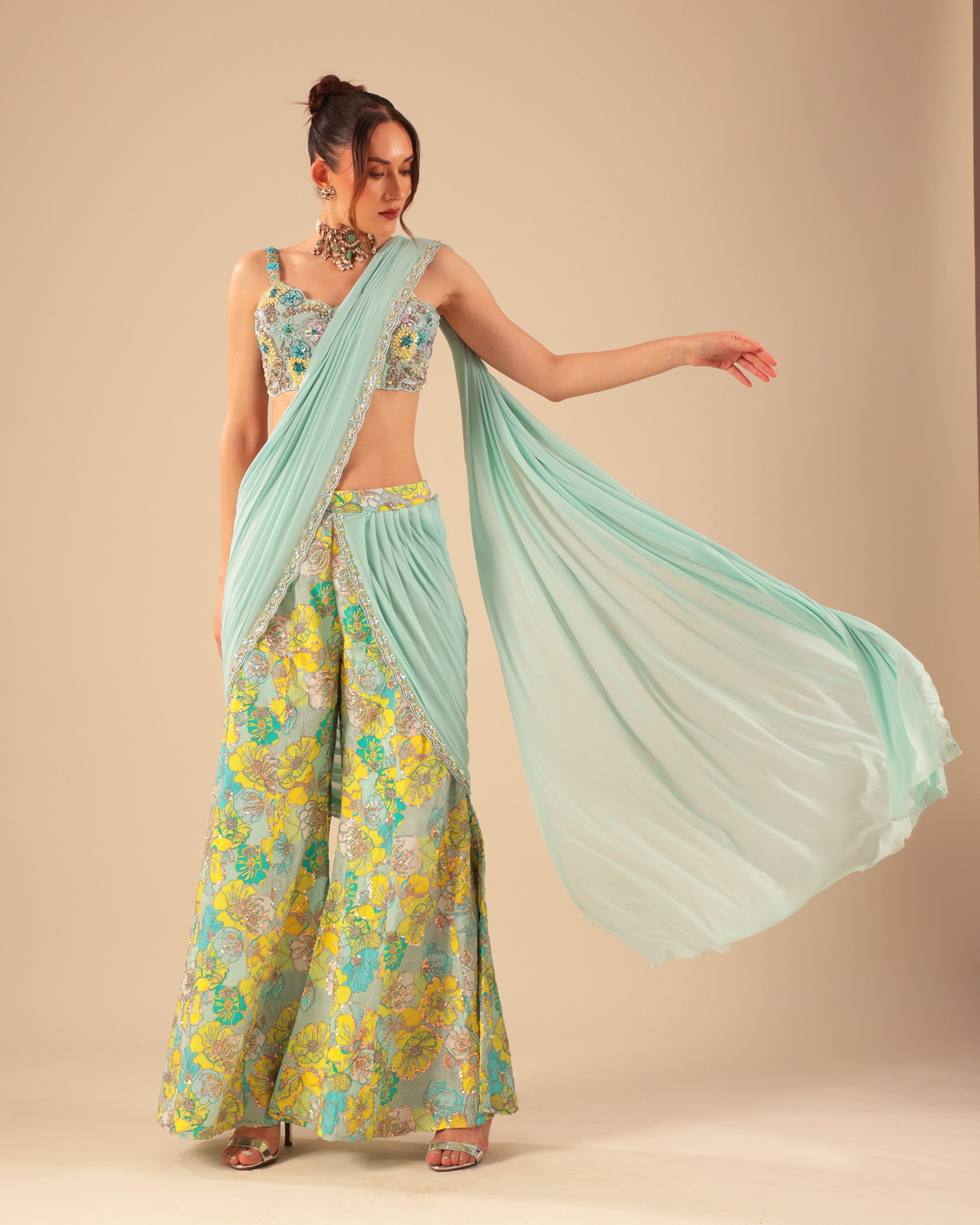 Aqua Blue Floral Embroidered Drape Sharara Set
