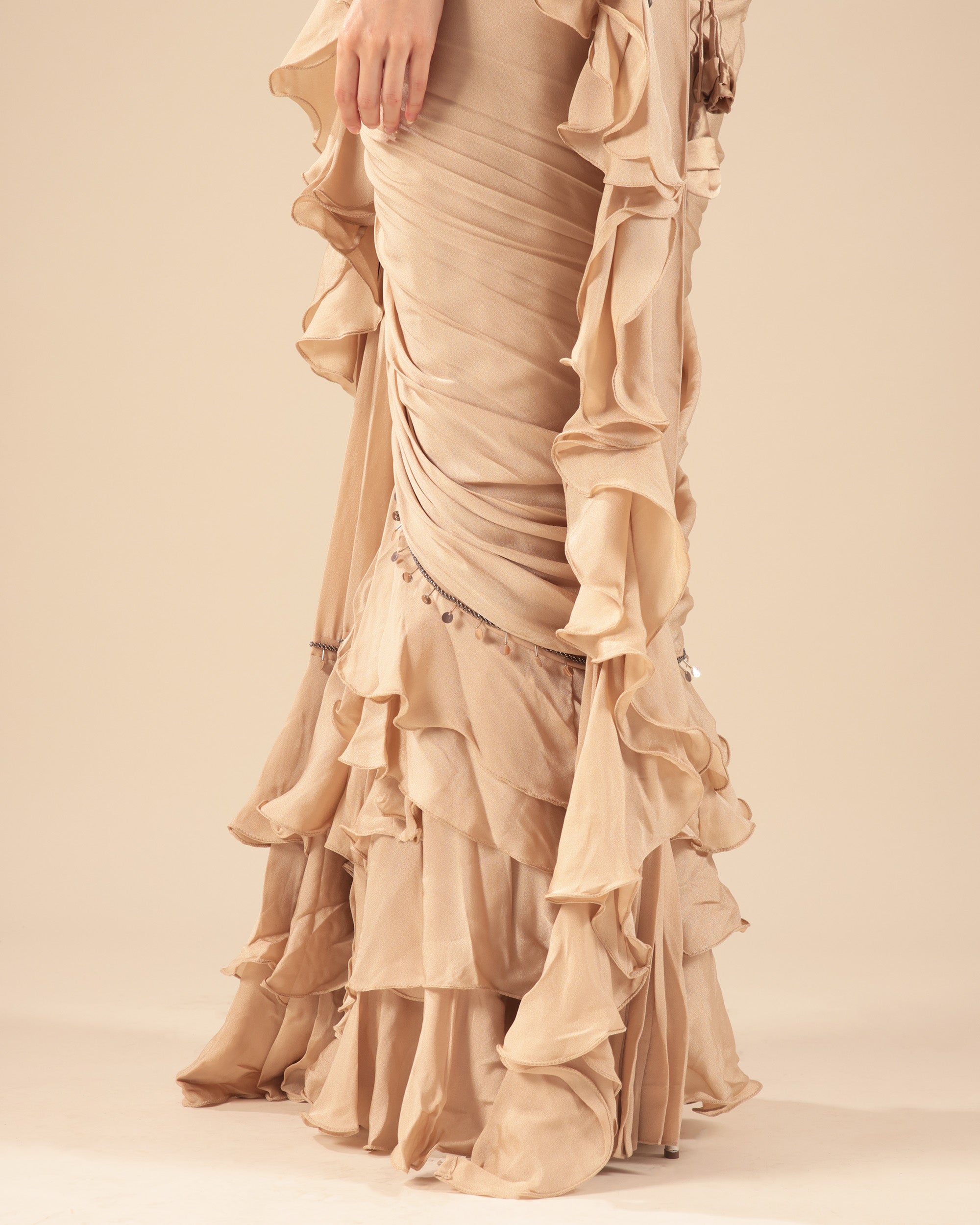 Beige Ruffle Drape Saree with Mirror Work Blouse