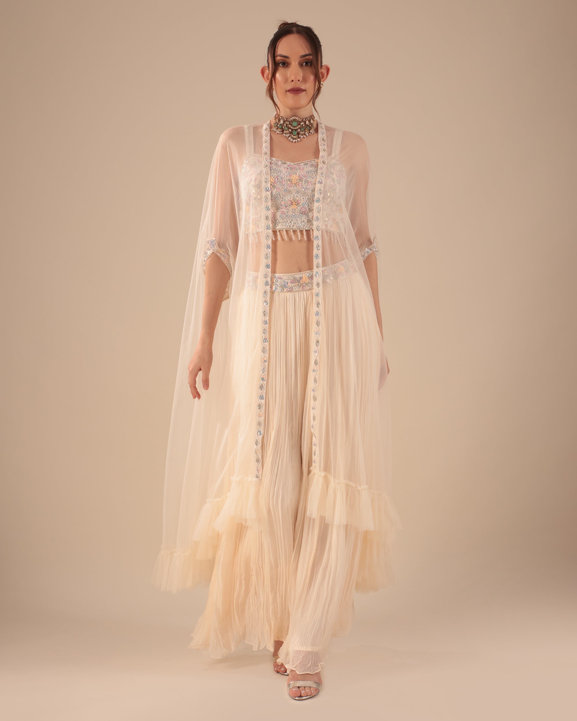 Off-White Cape Sharara Set with Embroidered Bustier