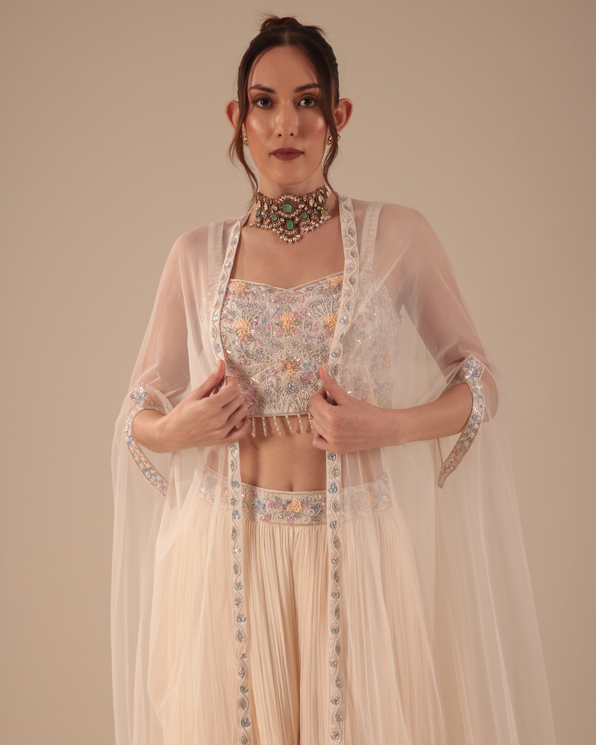 Off-White Cape Sharara Set with Embroidered Bustier