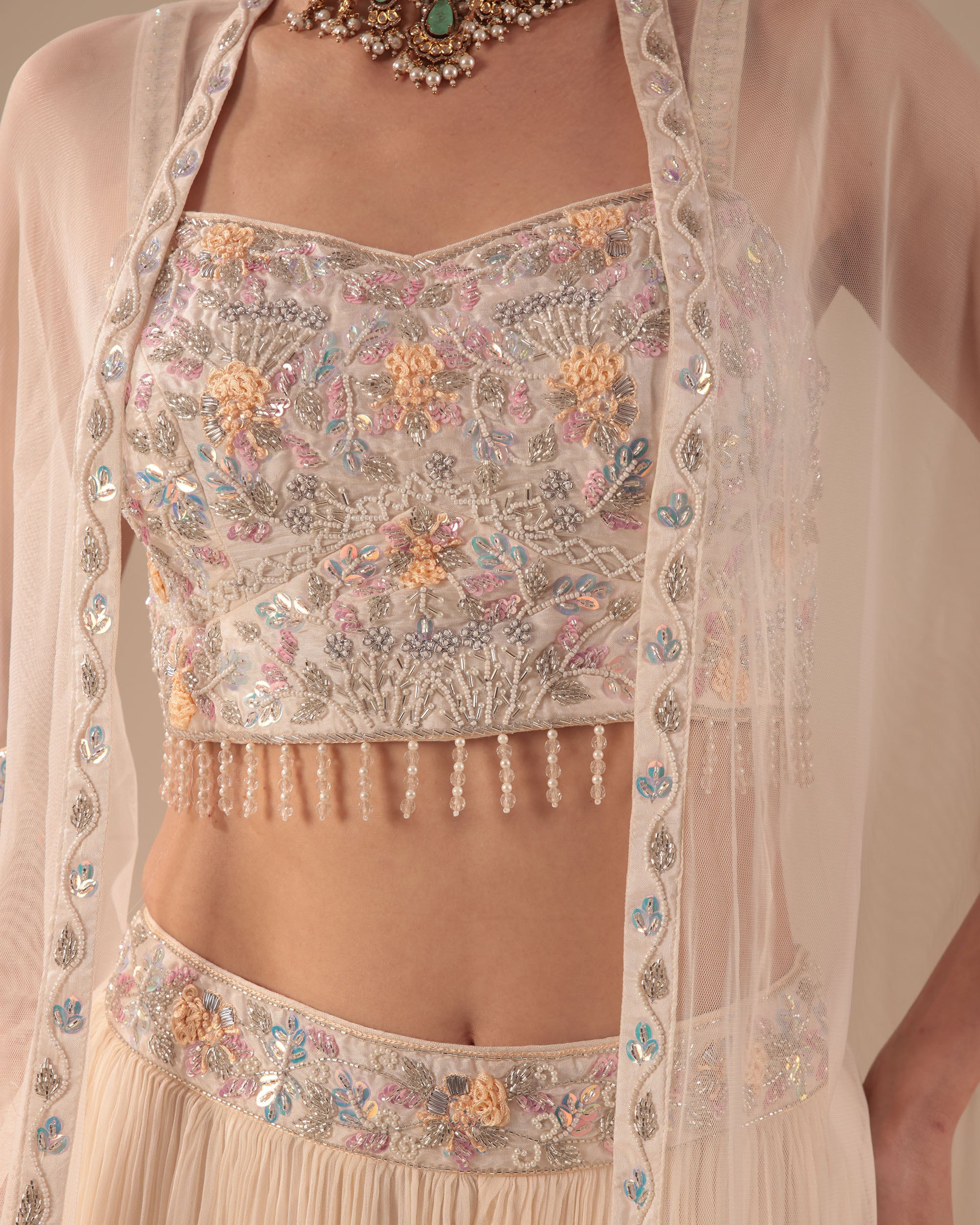 Off-White Cape Sharara Set with Embroidered Bustier